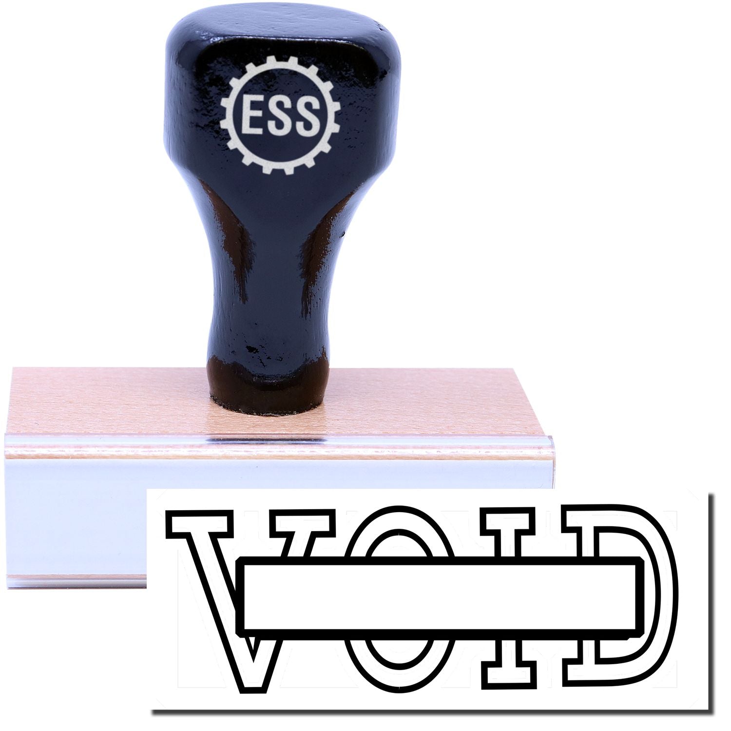 A stock office rubber stamp with a stamped image showing how the text VOID with a box in the center of the text is displayed after stamping.