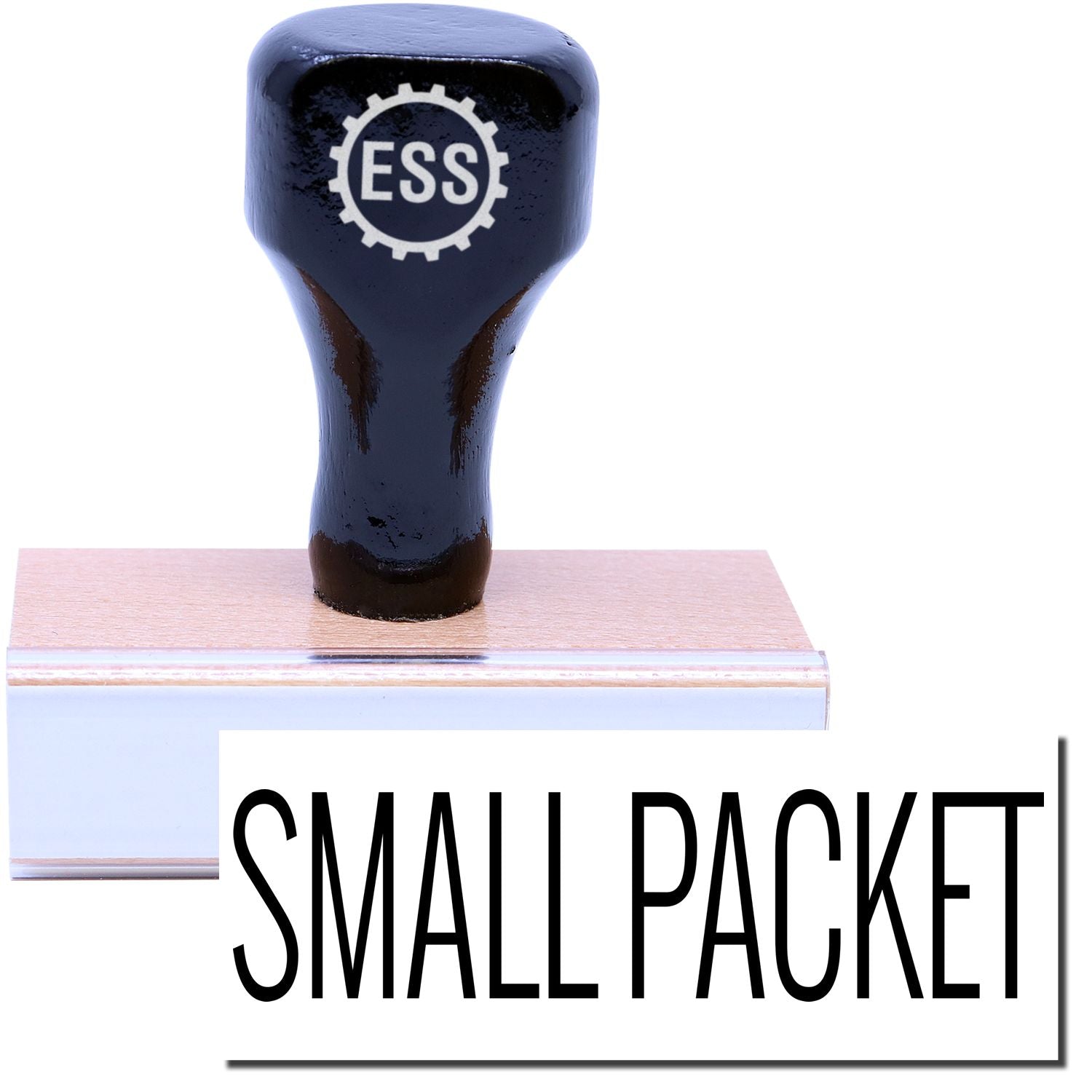 A stock office rubber stamp with a stamped image showing how the text SMALL PACKET is displayed after stamping.