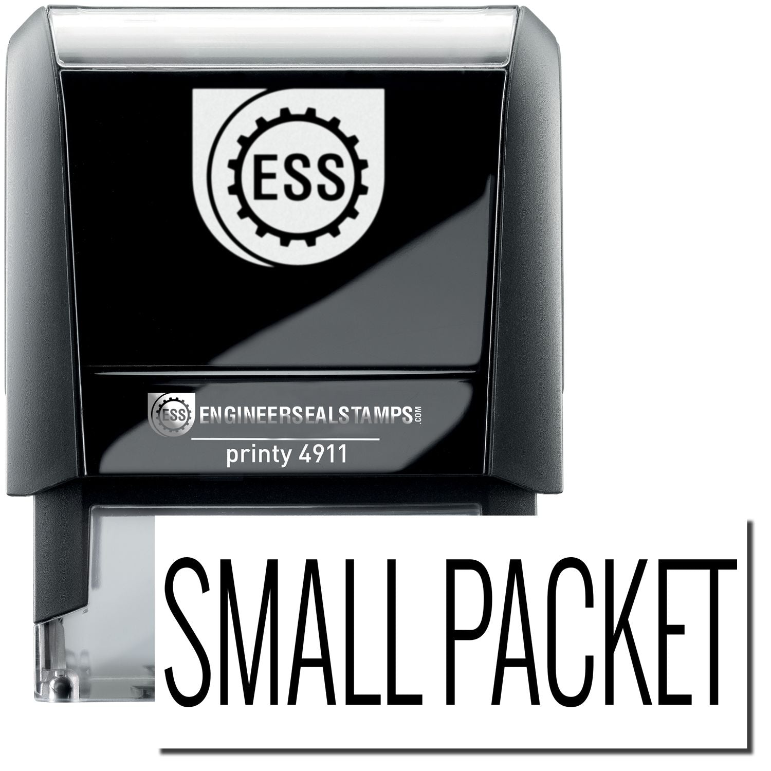 A self-inking stamp with a stamped image showing how the text SMALL PACKET is displayed after stamping.