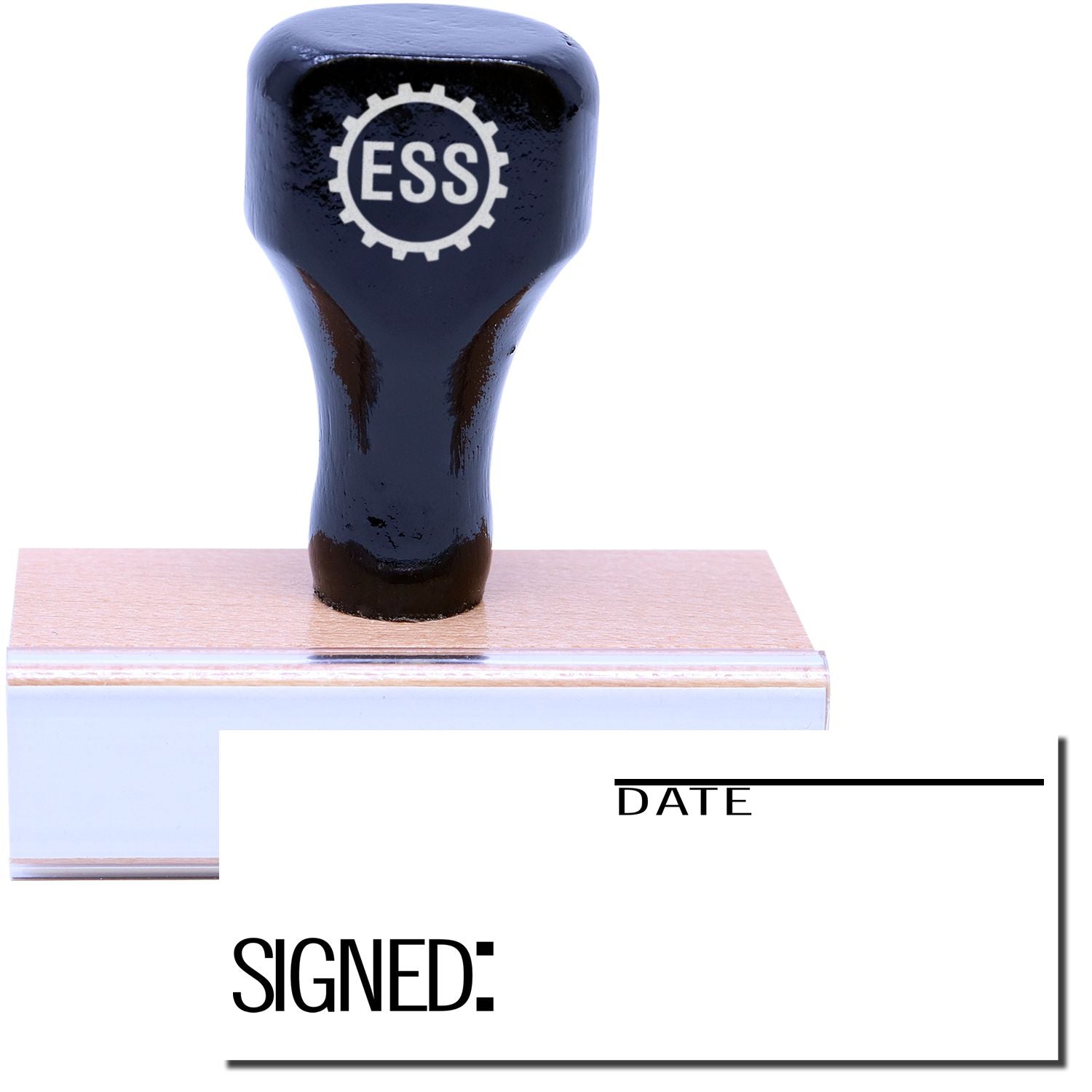 A stock office rubber stamp with a stamped image showing how the text SIGNED: along with the option to add a DATE are displayed after stamping.