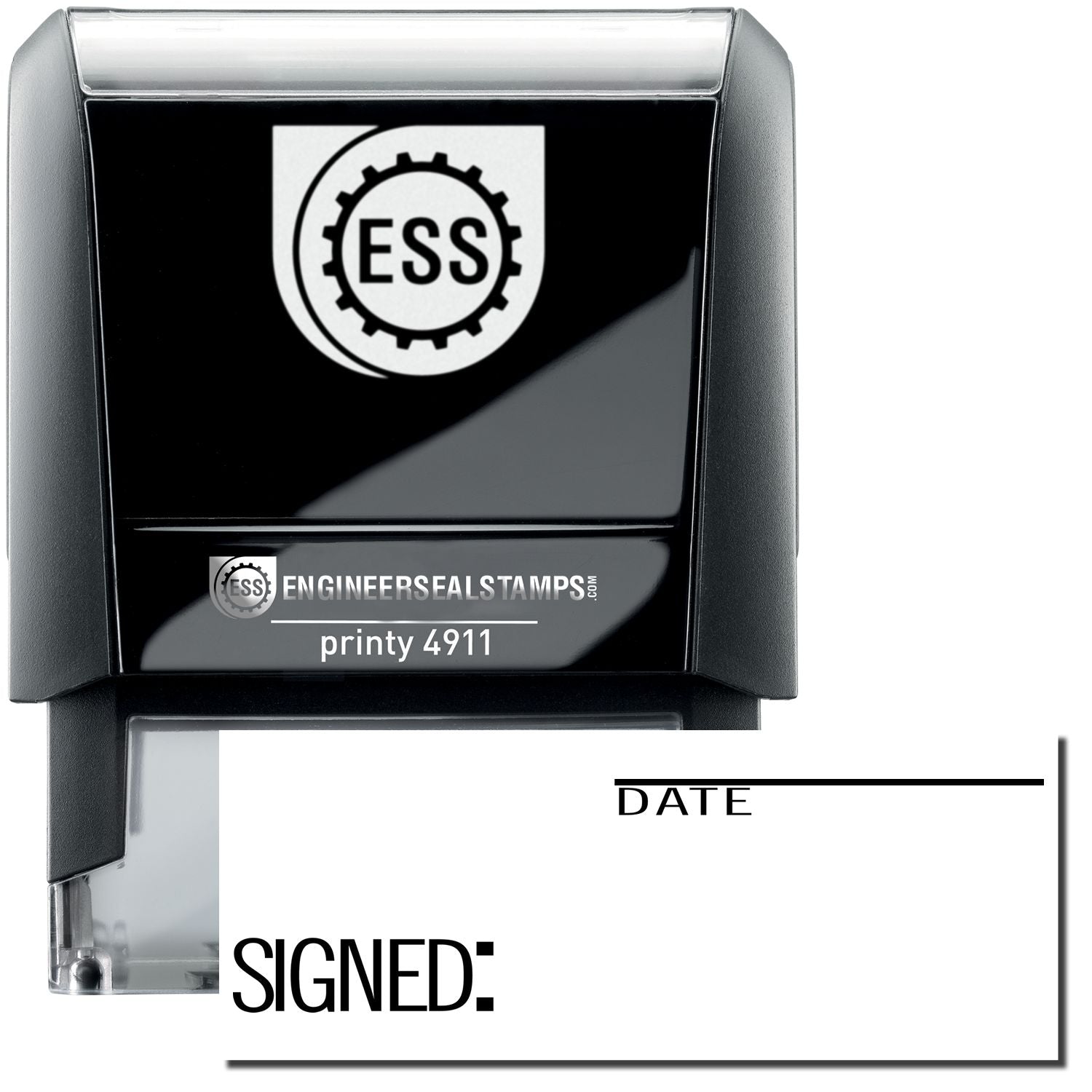 A self-inking stamp with a stamped image showing how the text SIGNED: in the left down position and DATE in the right top position (with a line above it) is displayed after stamping.