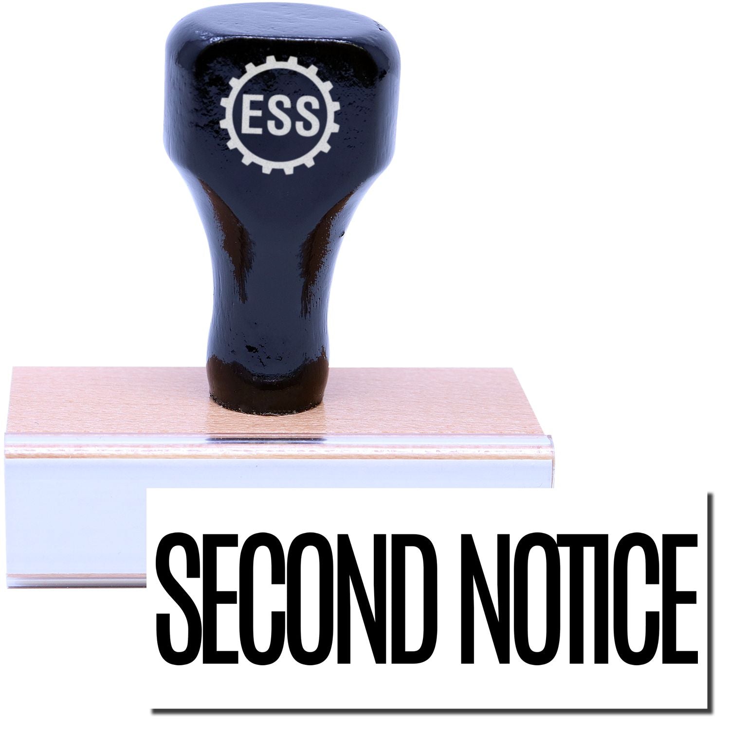 A stock office rubber stamp with a stamped image showing how the text SECOND NOTICE in a narrow font is displayed after stamping.