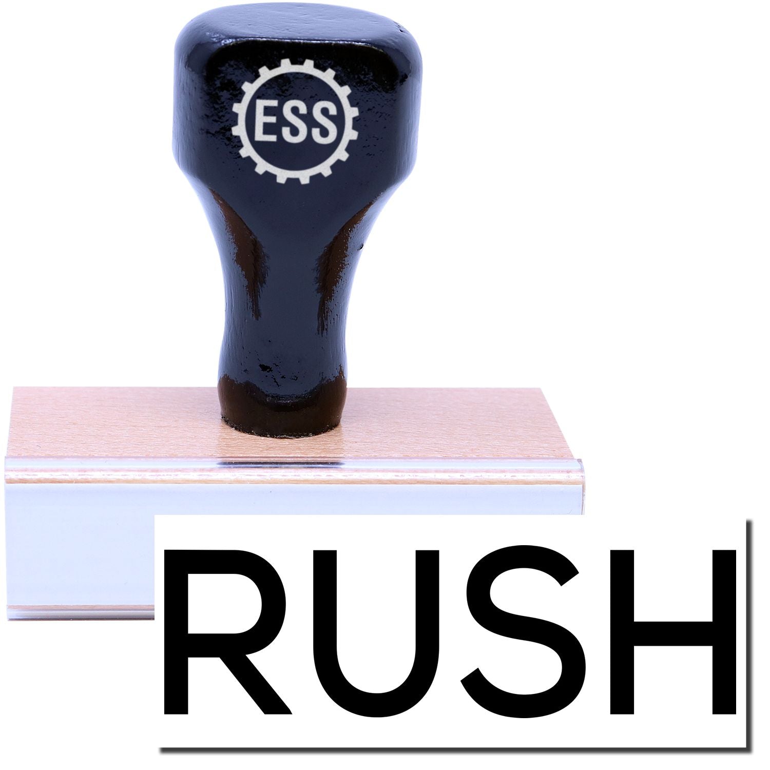 A stock office rubber stamp with a stamped image showing how the text RUSH in a skinny font is displayed after stamping.