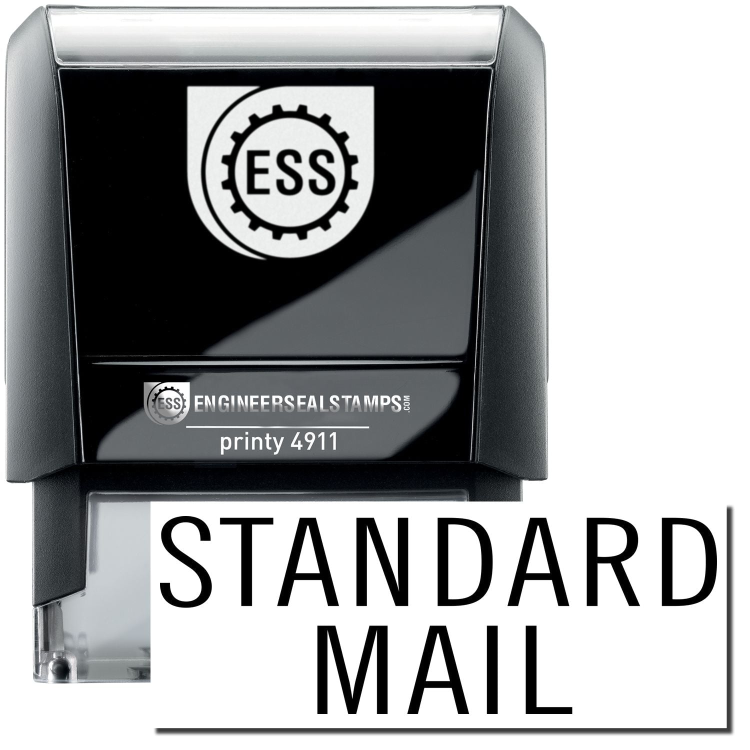 A self-inking stamp with a stamped image showing how the text STANDARD MAIL in a stacked concept (takes up two lines) is displayed after stamping.