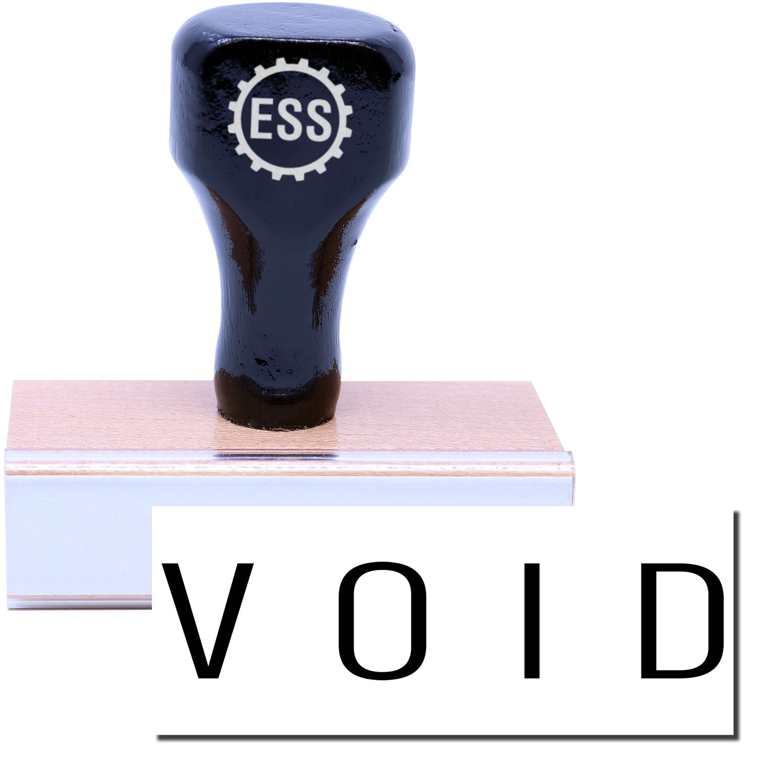 A stock office rubber stamp with a stamped image showing how the text VOID in a narrow font is displayed after stamping.