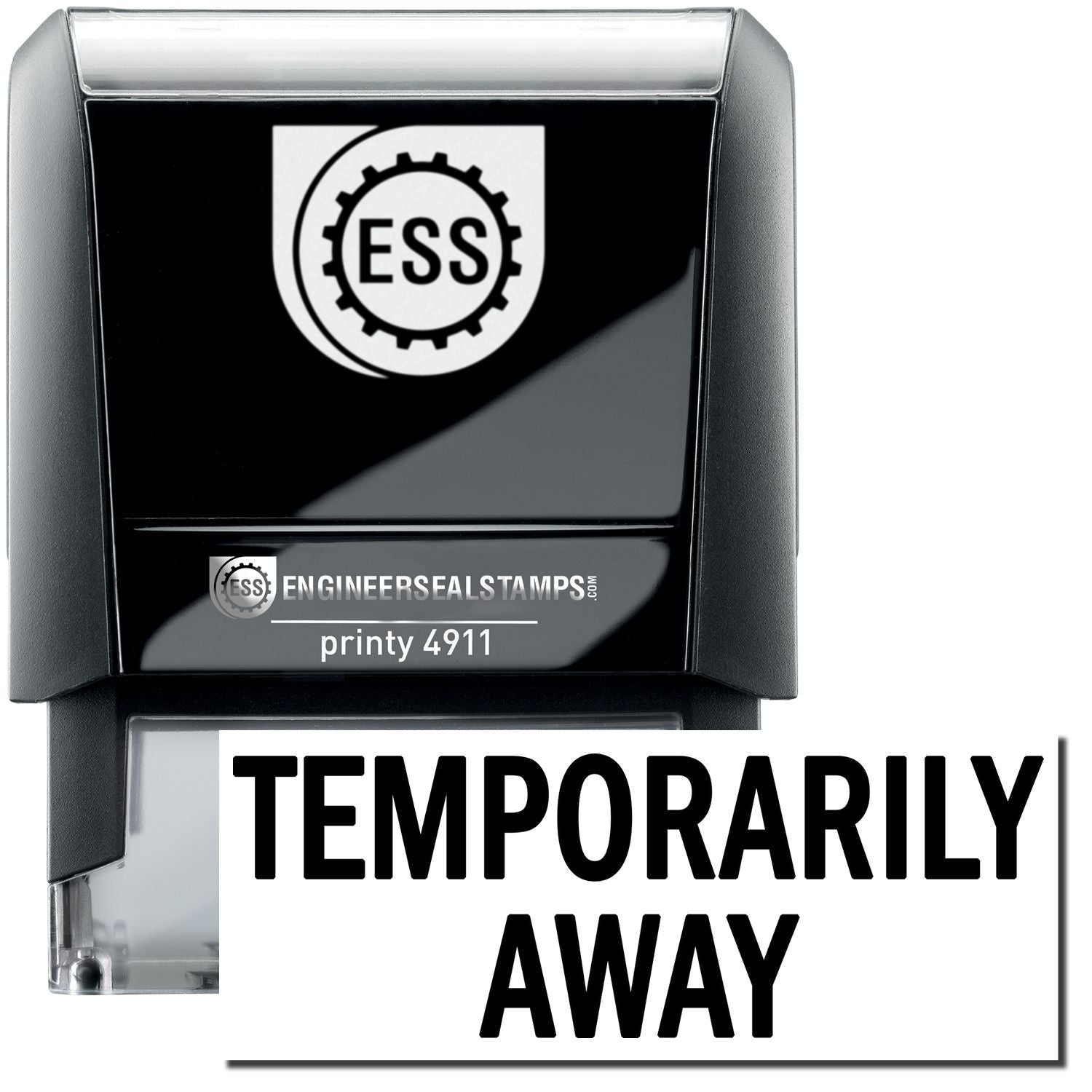 A self-inking stamp with a stamped image showing how the text TEMPORARILY AWAY is displayed after stamping.