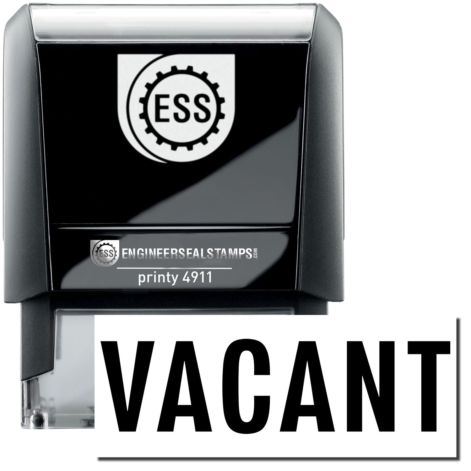 A self-inking stamp with a stamped image showing how the text VACANT is displayed after stamping.