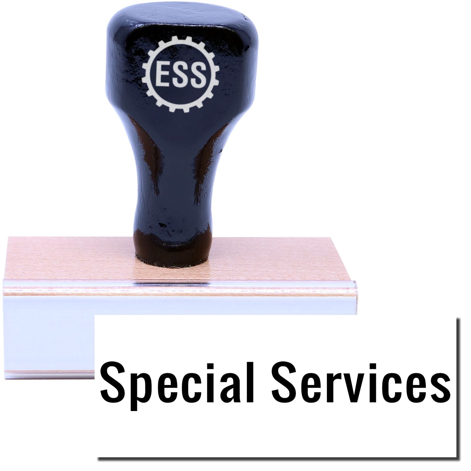 A stock office rubber stamp with a stamped image showing how the text Special Services is displayed after stamping.