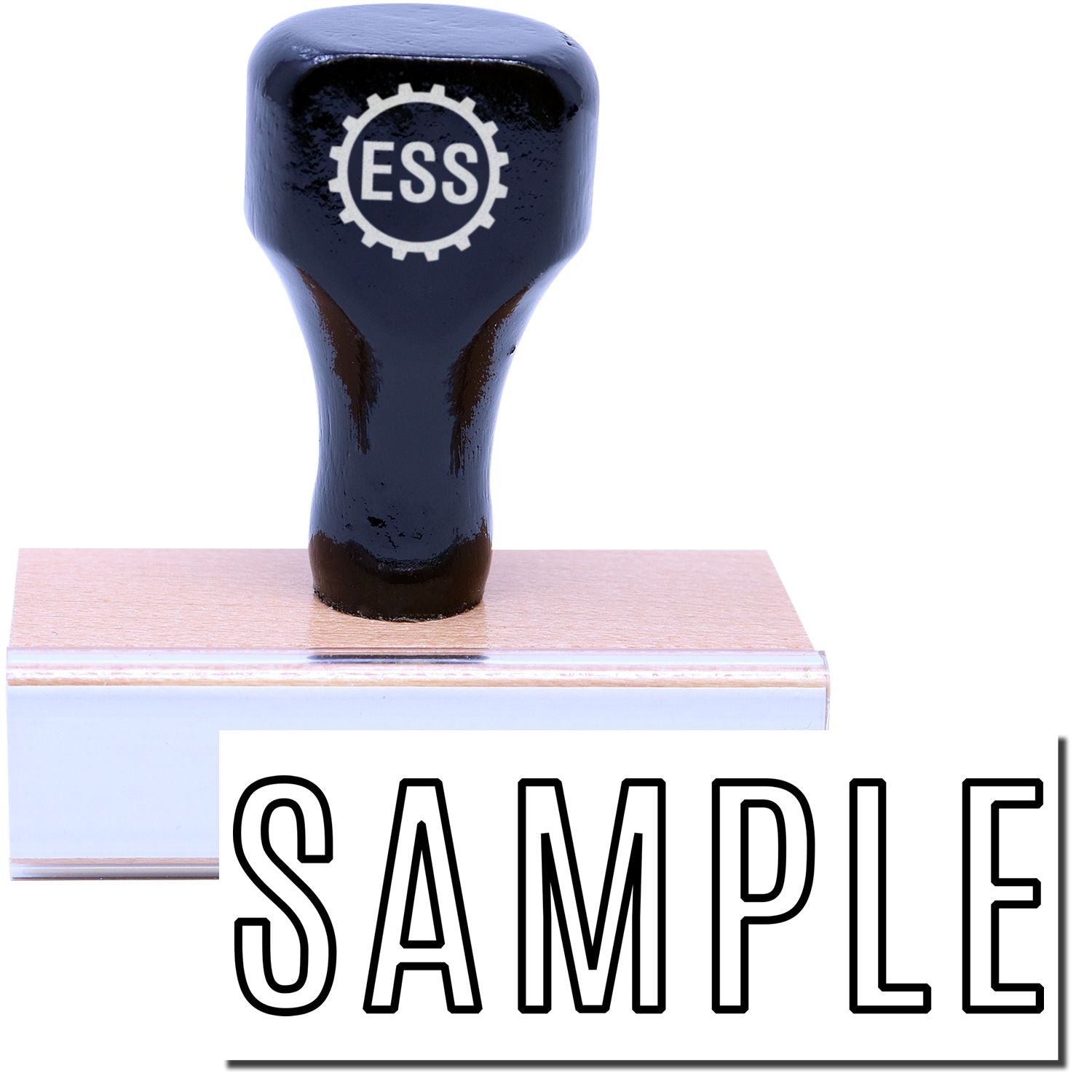 A stock office rubber stamp with a stamped image showing how the text SAMPLE in an outline font is displayed after stamping.