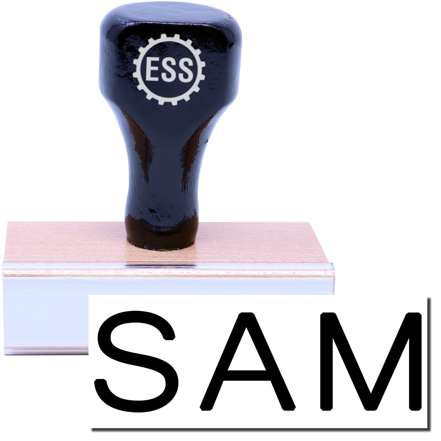 A stock office rubber stamp with a stamped image showing how the text SAM is displayed after stamping.