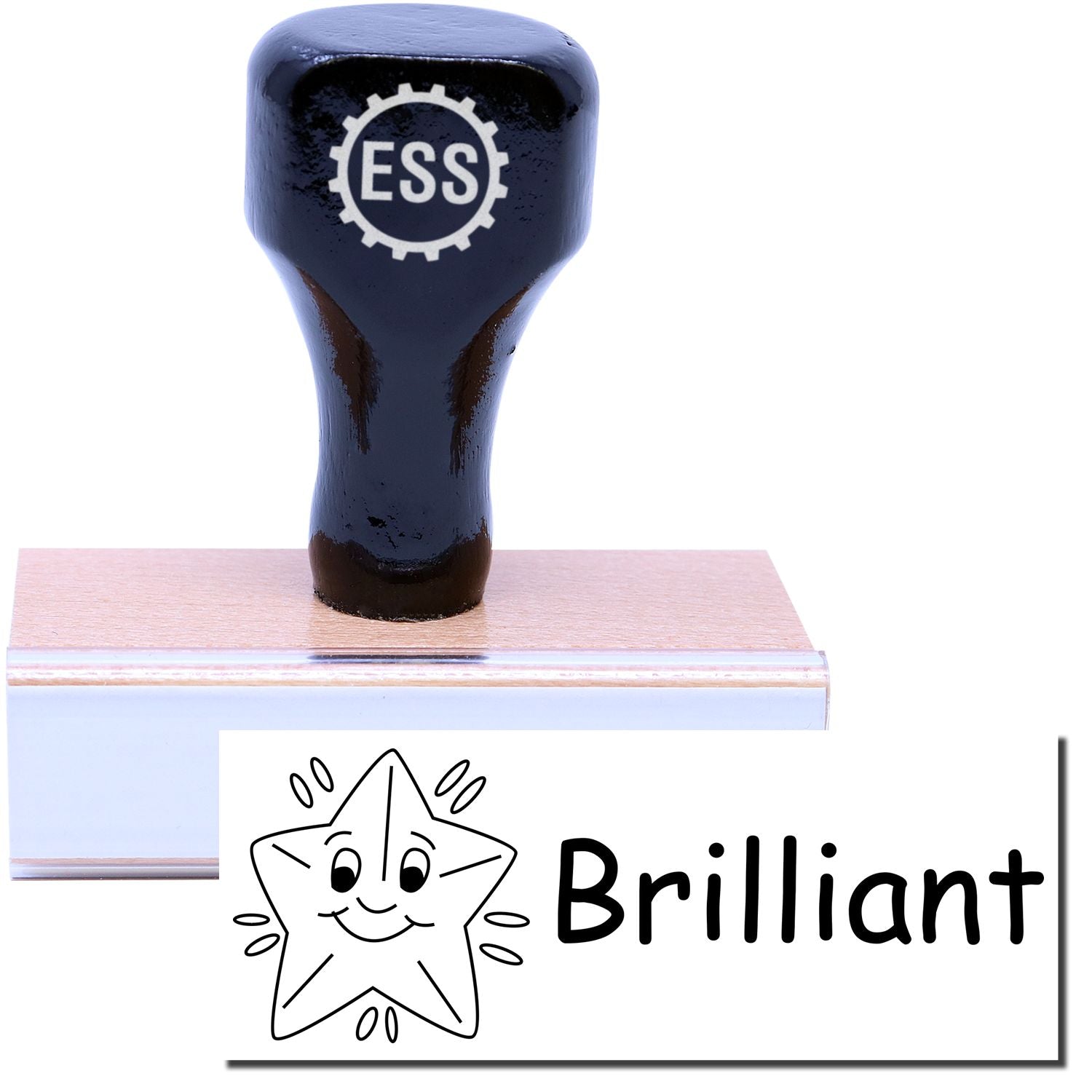 A stock office rubber stamp with a stamped image showing how the text Brilliant with a graphic of a smiling shining star is displayed after stamping.