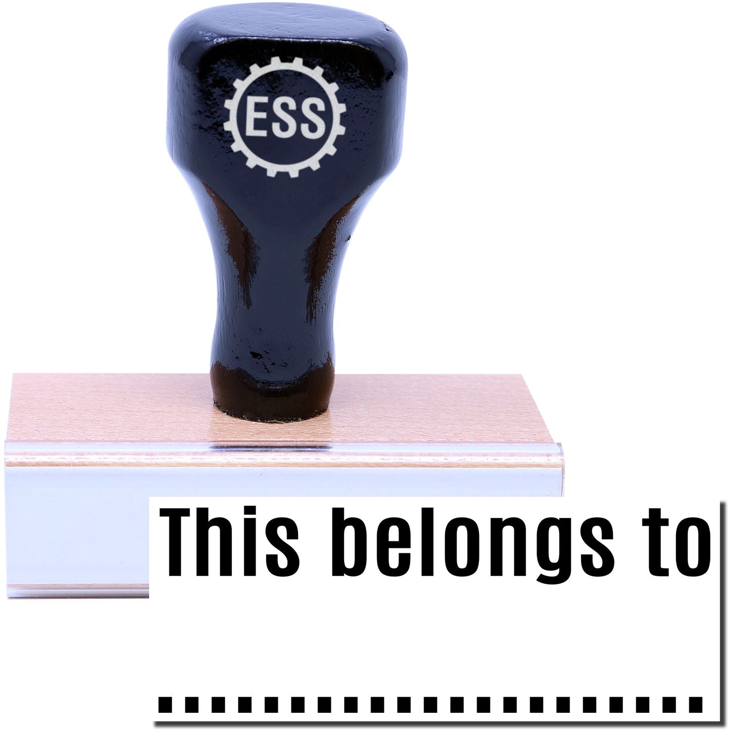 A stock office rubber stamp with a stamped image showing how the text This belongs to in an easy-to-read font with a convenient dotted line underneath is displayed after stamping.