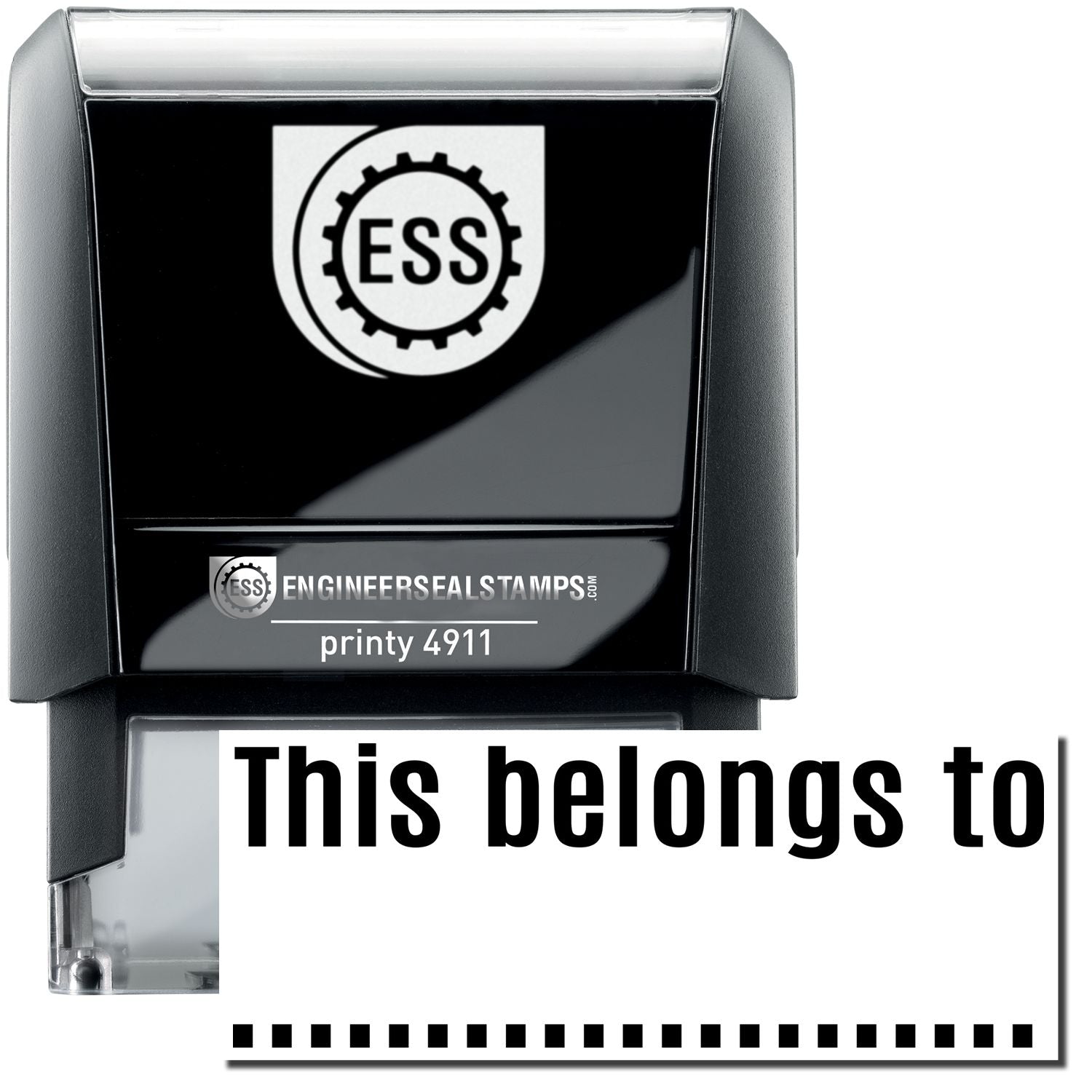 A self-inking stamp with a stamped image showing how the text This belongs to with a dotted line underneath is displayed after stamping.