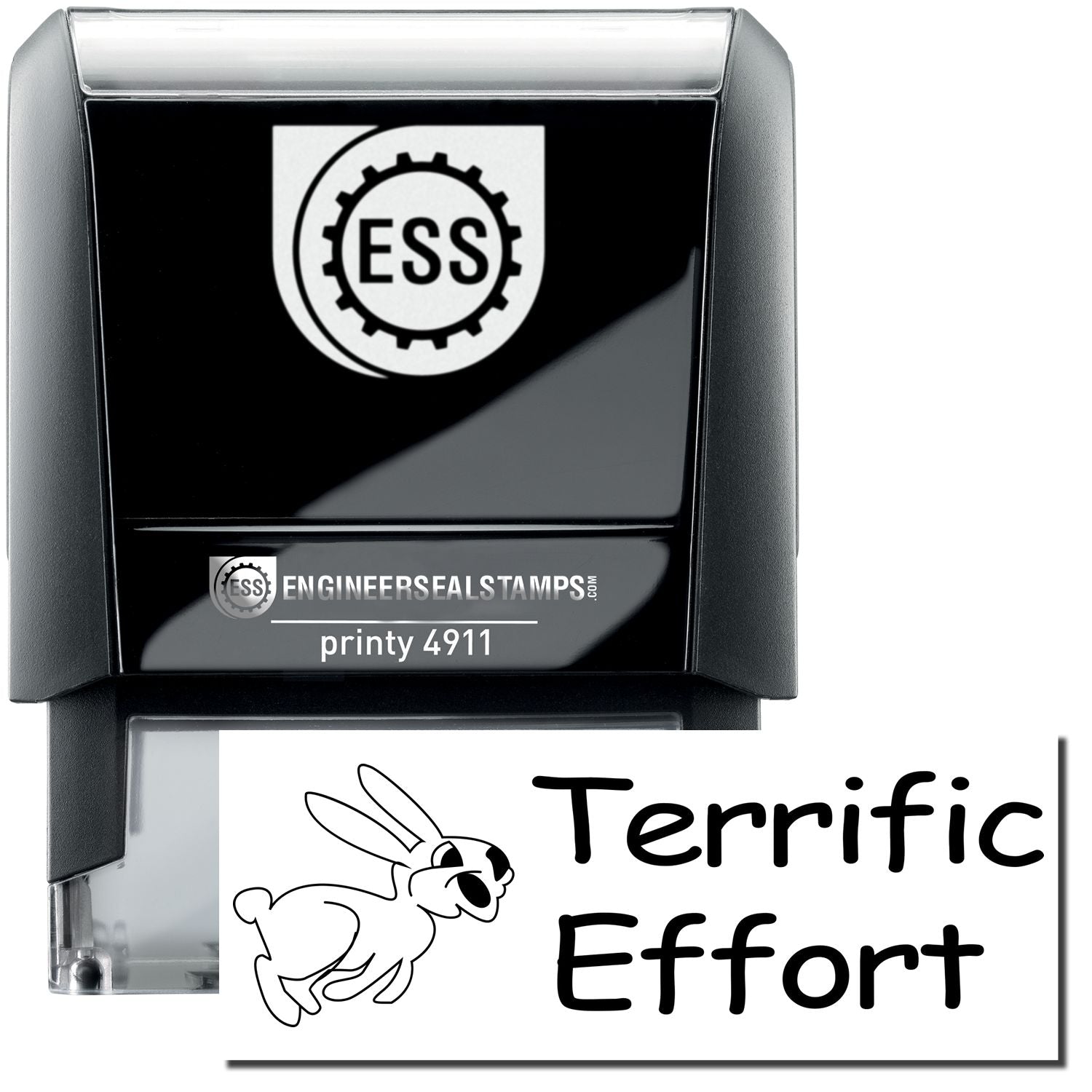 A self-inking stamp with a stamped image showing how the text Terrific Effort in an impactful bold font with an image of a hopping rabbit on the left side is displayed after stamping.