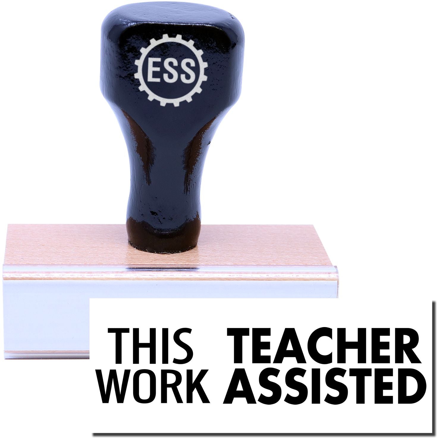 A stock office rubber stamp with a stamped image showing how the text THIS WORK TEACHER ASSISTED is displayed after stamping.