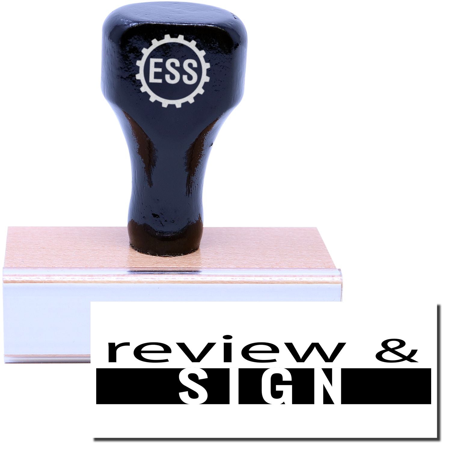 A stock office rubber stamp with a stamped image showing how the text review & SIGN in a bold font and dual-colored marking is displayed after stamping.