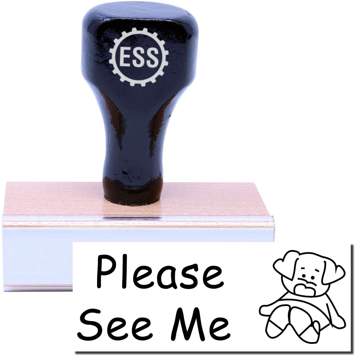 A stock office rubber stamp with a stamped image showing how the text Please See Me with a small image of a dog on the right side is displayed after stamping.