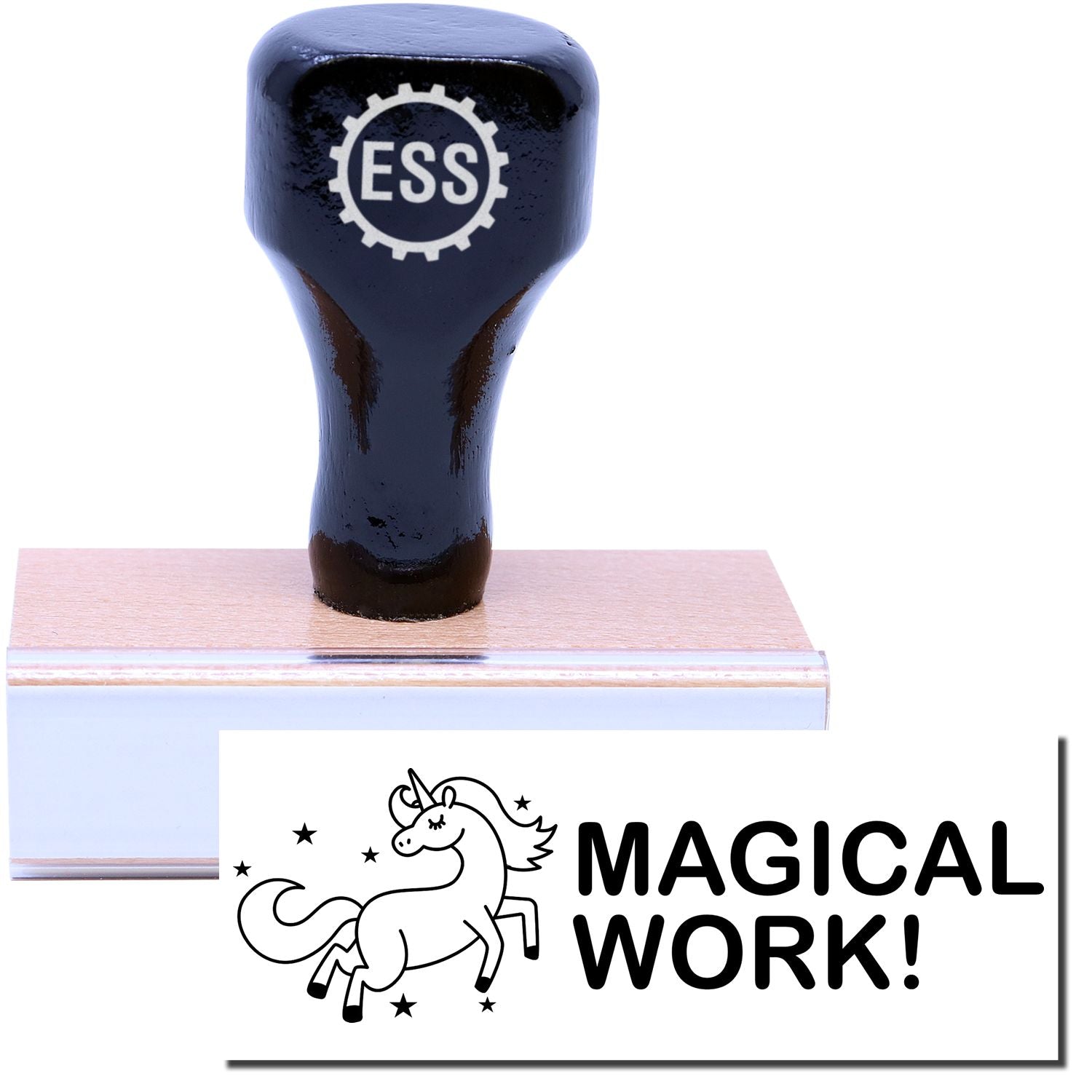 A stock office rubber stamp with a stamped image showing how the text "MAGICAL WORK!" with an image of a unicorn dancing among the stars is displayed after stamping.