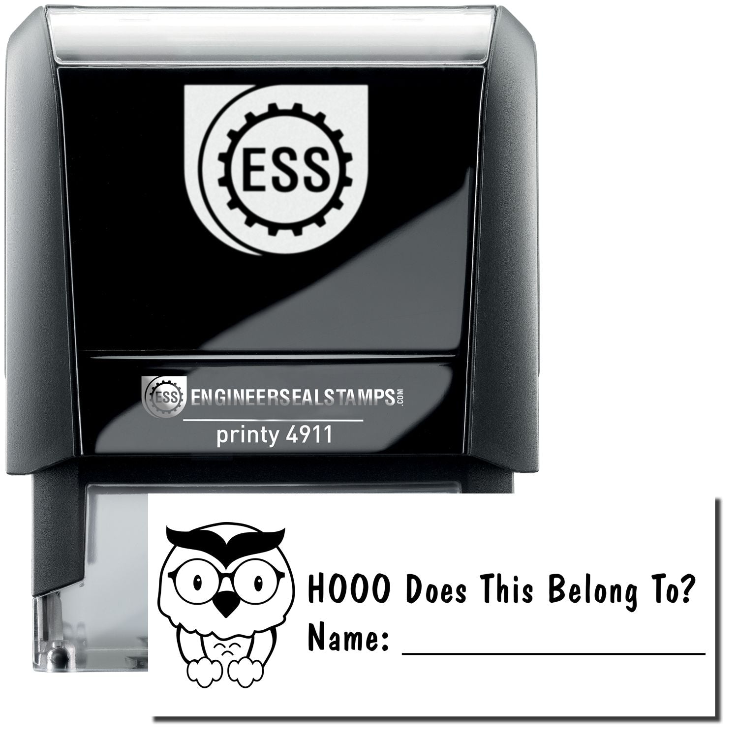 A self-inking stamp with a stamped image showing how the text HOOO Does This Belong To? and a second line that reads Name: with a line (Also, an image of an owl on the left) is displayed after stamping.