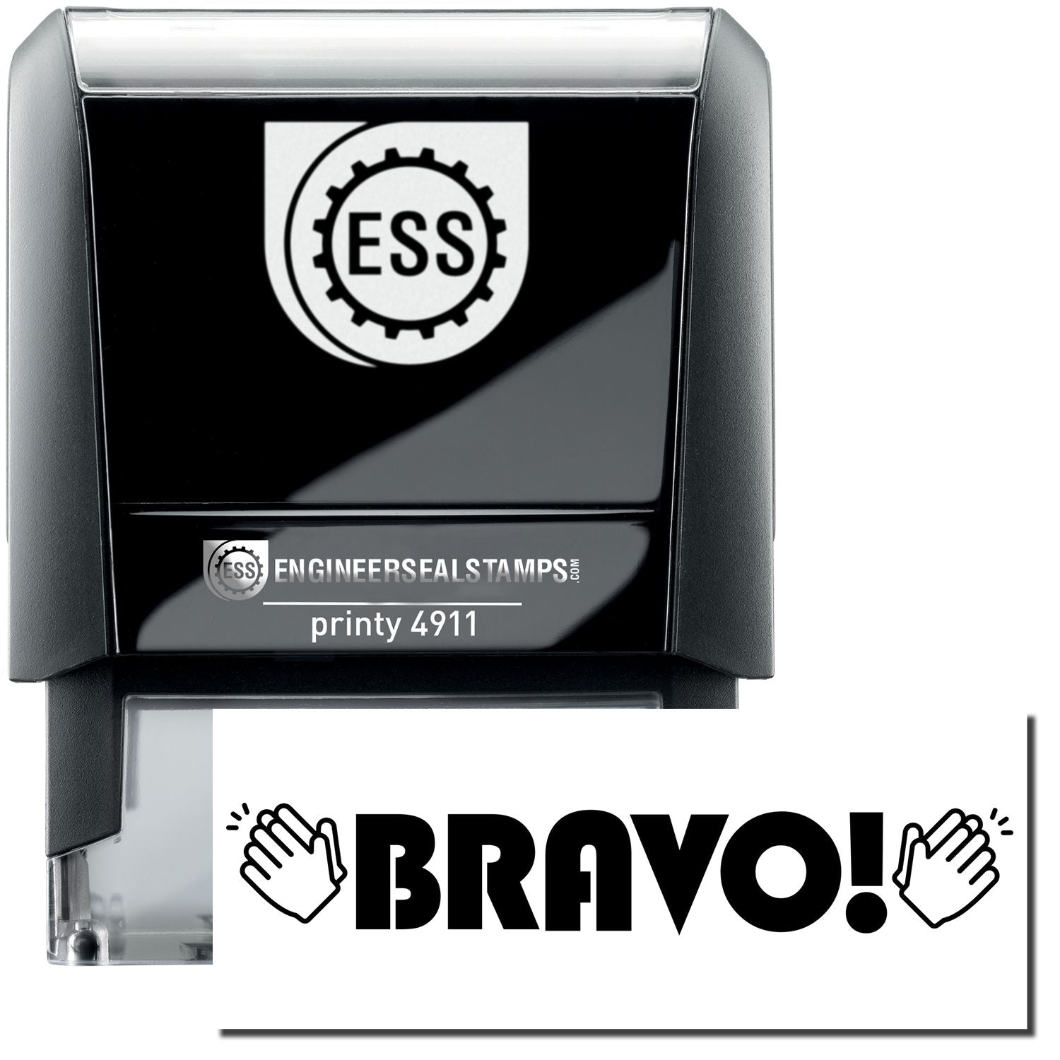 A self-inking stamp with a stamped image showing how the text BRAVO! (with clapping hands on either side of the text) is displayed after stamping.