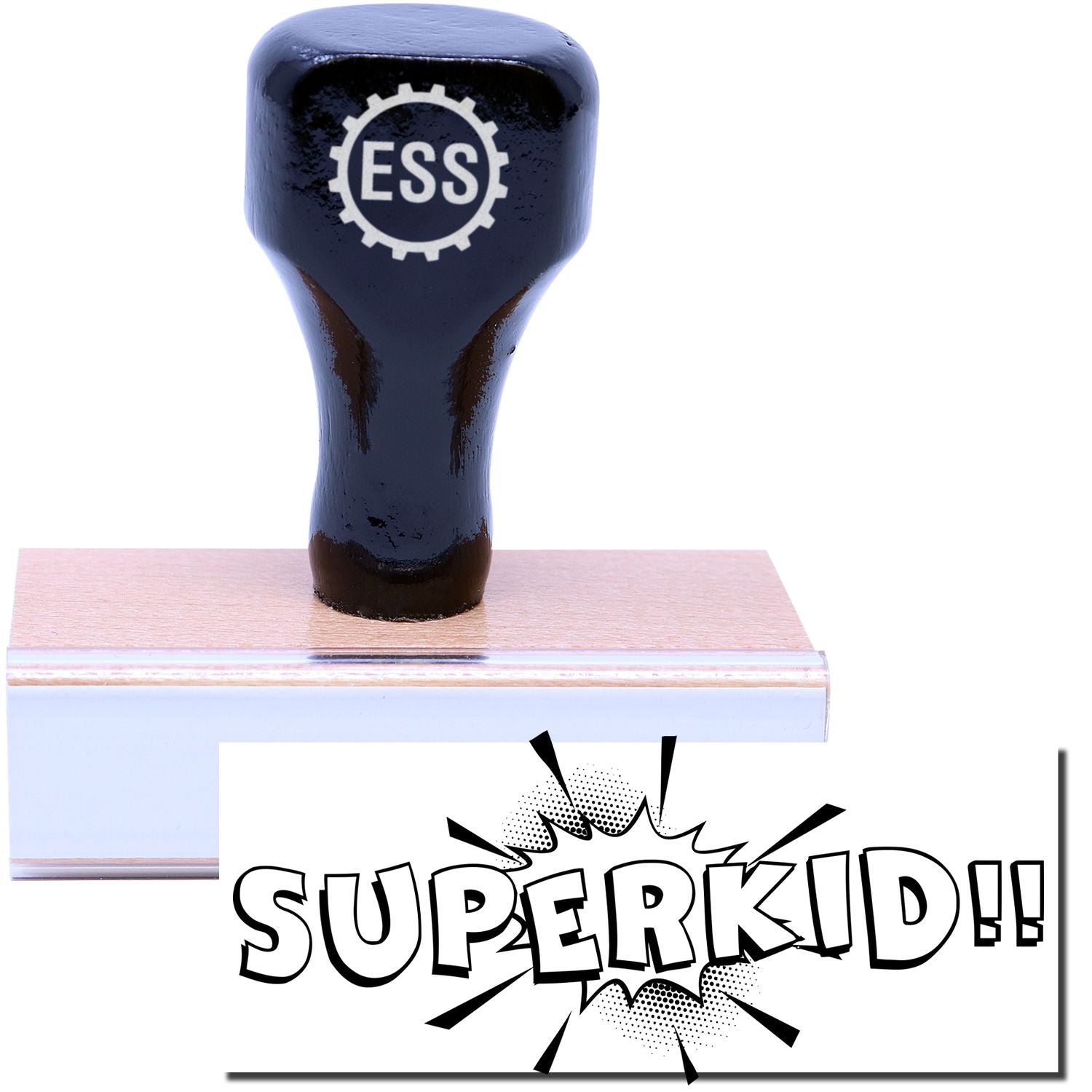 A stock office rubber stamp with a stamped image showing how the text SUPERKID in a bold, urban font with a comic book-style background is displayed after stamping.