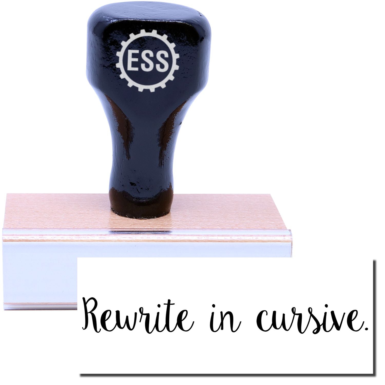 A stock office rubber stamp with a stamped image showing how the text Rewrite in cursive. in a script cursive font is displayed after stamping.