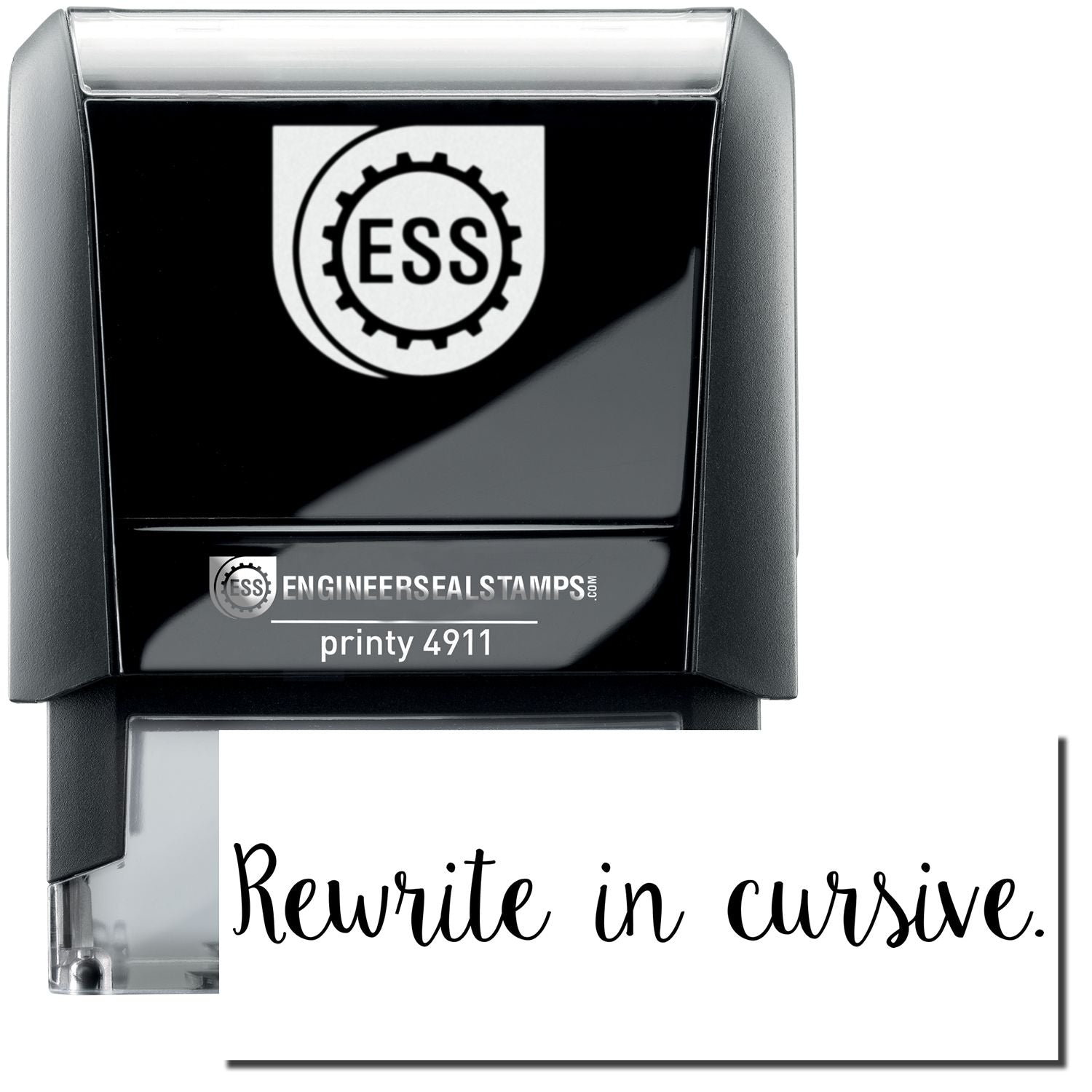 A self-inking stamp with a stamped image showing how the text Rewrite in cursive. (in a script cursive font) is displayed after stamping.