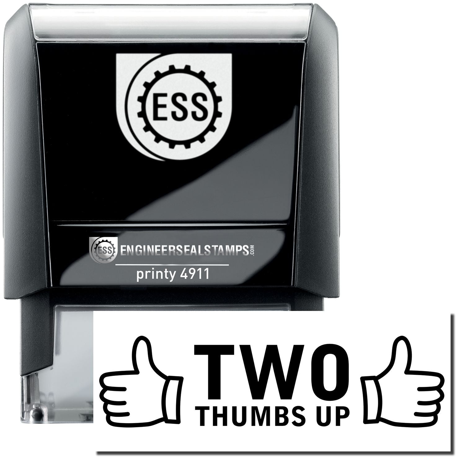 A self-inking stamp with a stamped image showing how the text TWO THUMBS UP ( TWO in a large font and THUMBS UP in a small font mentioned underneath with two thumbs pointing up on each side of the text) is displayed after stamping.