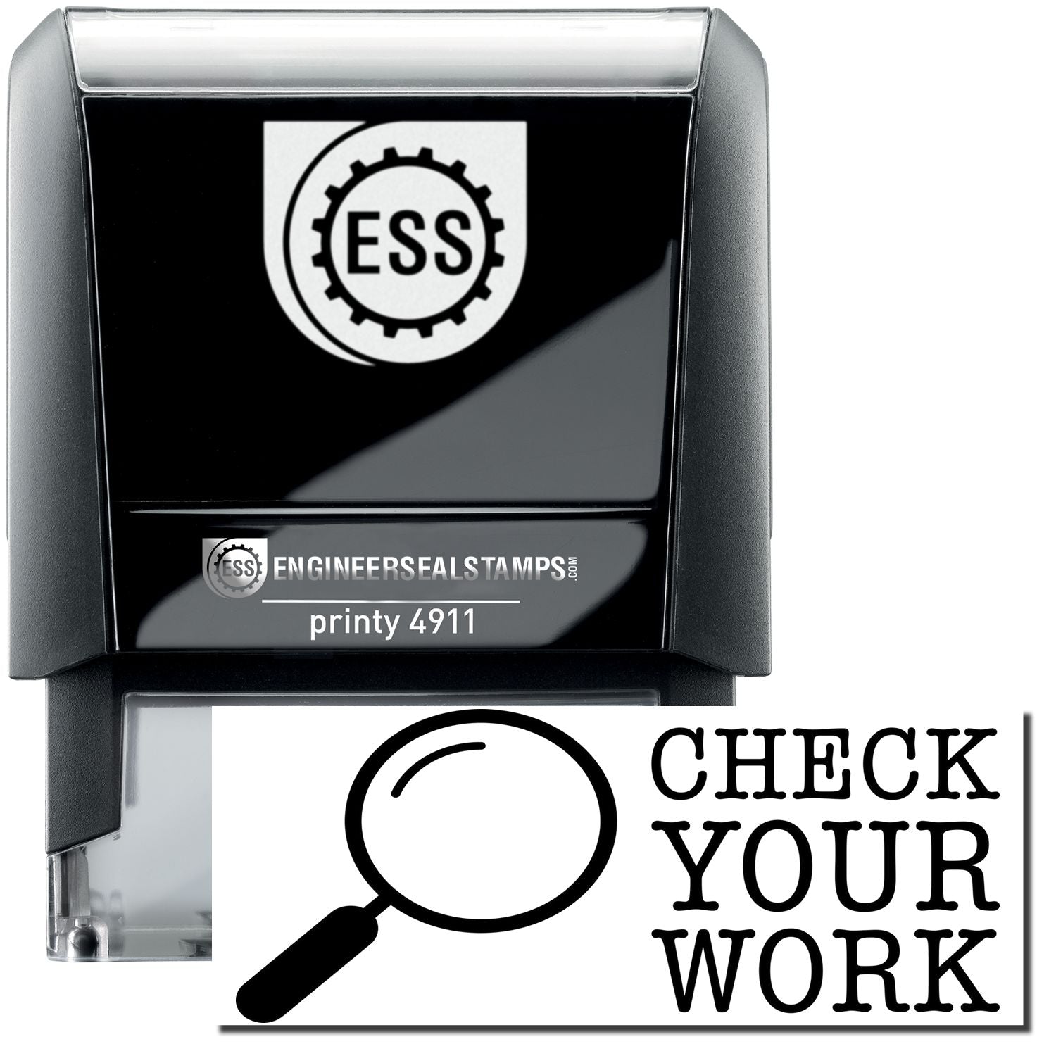 A self-inking stamp with a stamped image showing how the text CHECK YOUR WORK (with an image of a magnifying glass on the left side) is displayed after stamping.