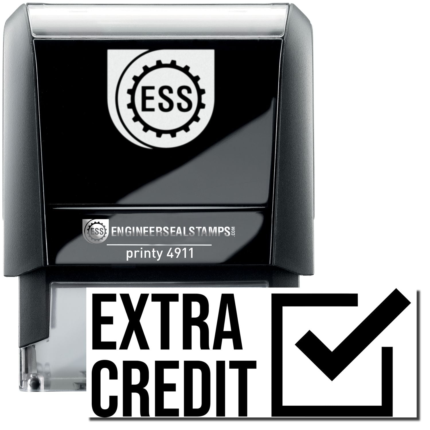 A self-inking stamp with a stamped image showing how the text EXTRA CREDIT (in bold font with a checked box on the right side) is displayed after stamping.