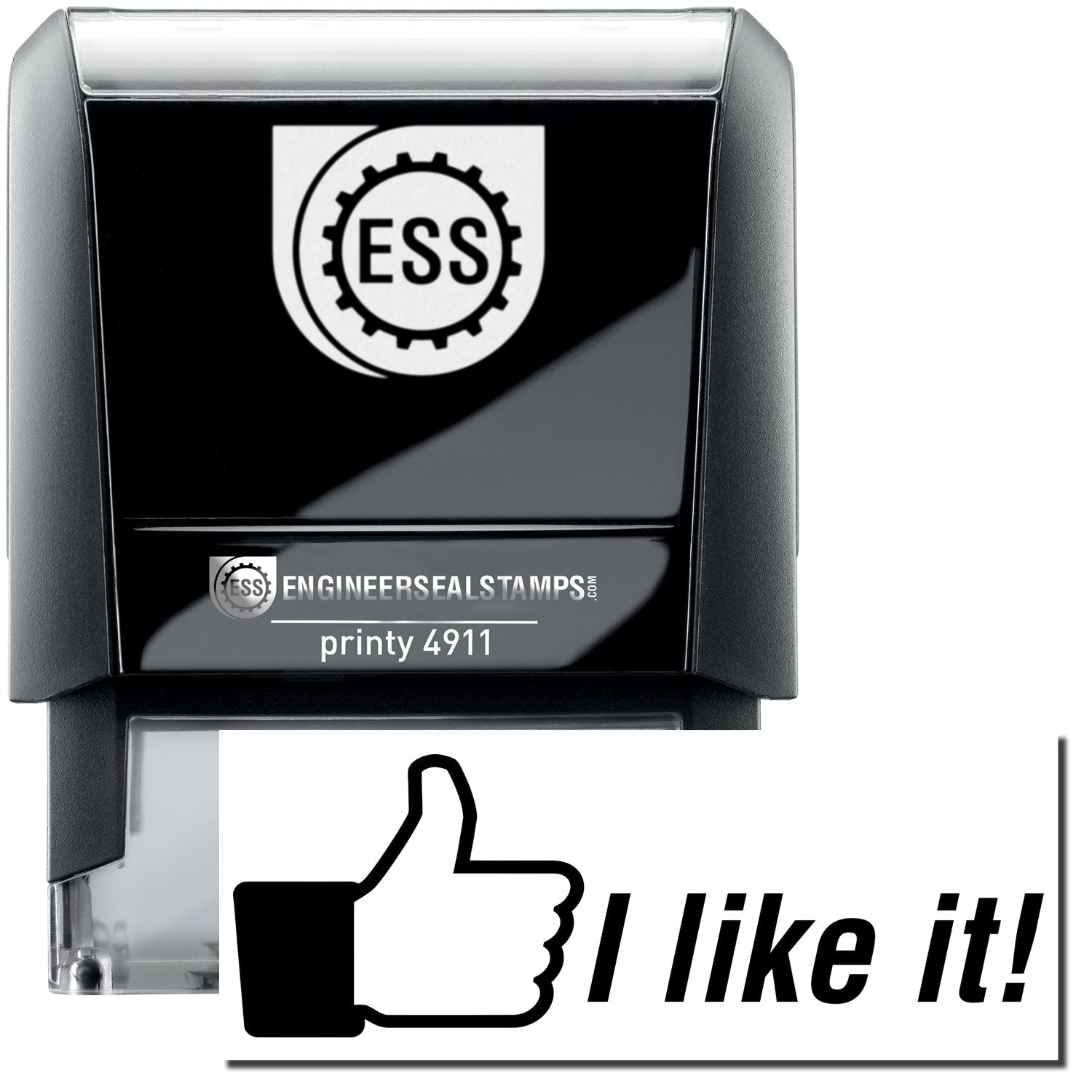 A self-inking stamp with a stamped image showing how the text I like it! (with a thumbs-up icon on the left) is displayed after stamping.