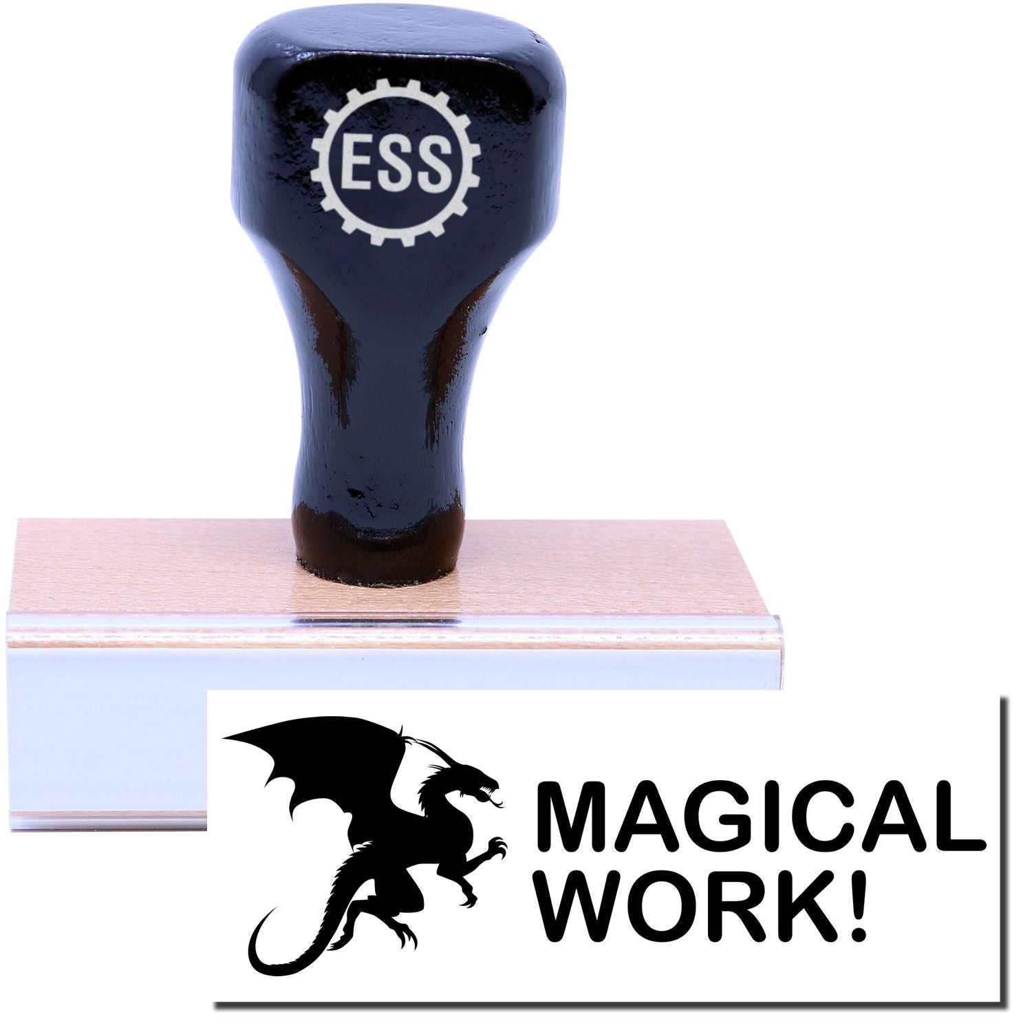 A stock office rubber stamp with a stamped image showing how the text "MAGICAL WORK!" in large font with an iconic dragon design is displayed after stamping.