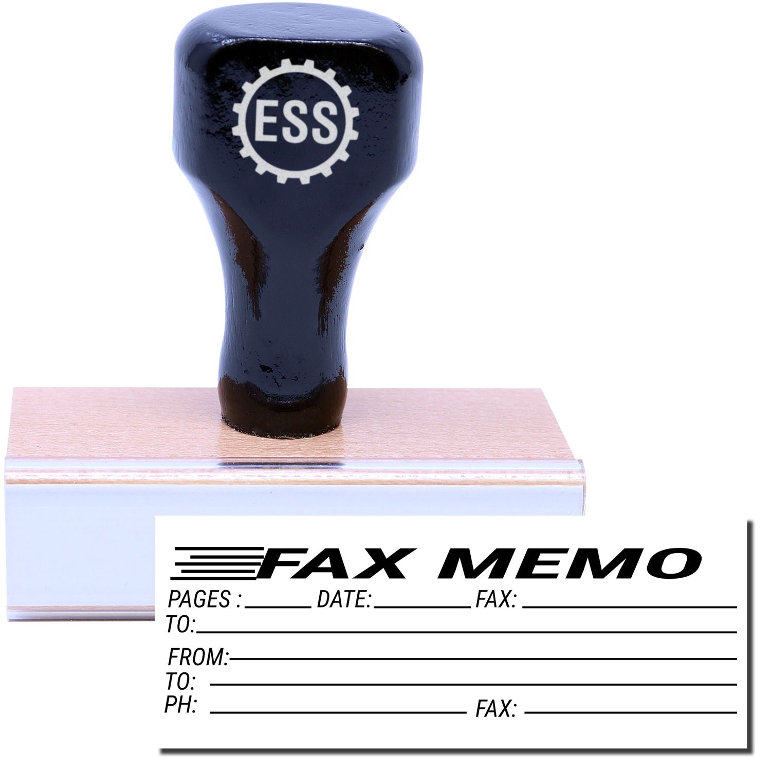 A stock office rubber stamp with a stamped image showing how the text FAX MEMO with spaces to indicate the number of pages, date, fax information, and recipient details is displayed after stamping.