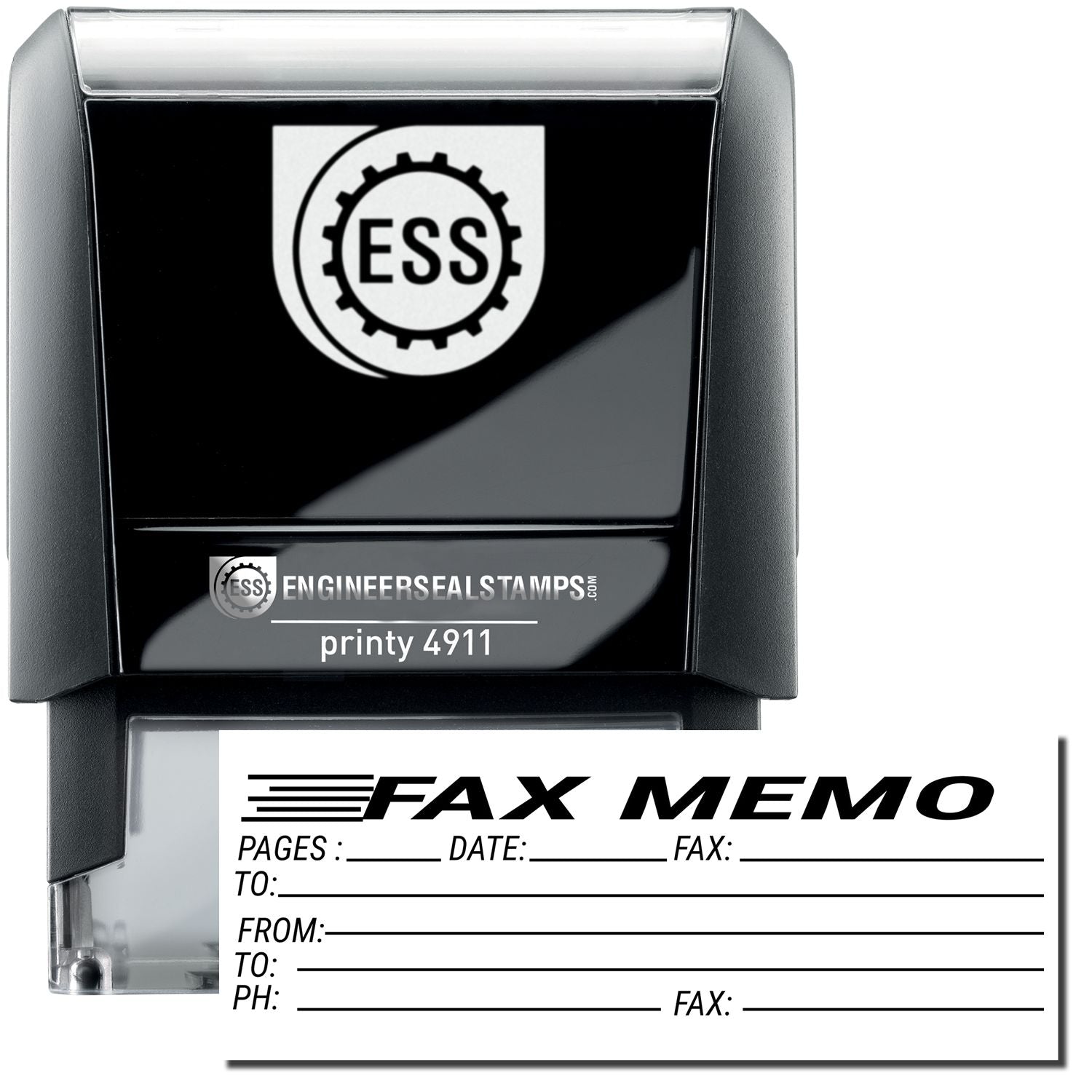 A self-inking stamp with a stamped image showing how the text FAX MEMO (with spaces underneath to indicate the number of pages, date, fax information, and who the fax is being sent to) is displayed after stamping.