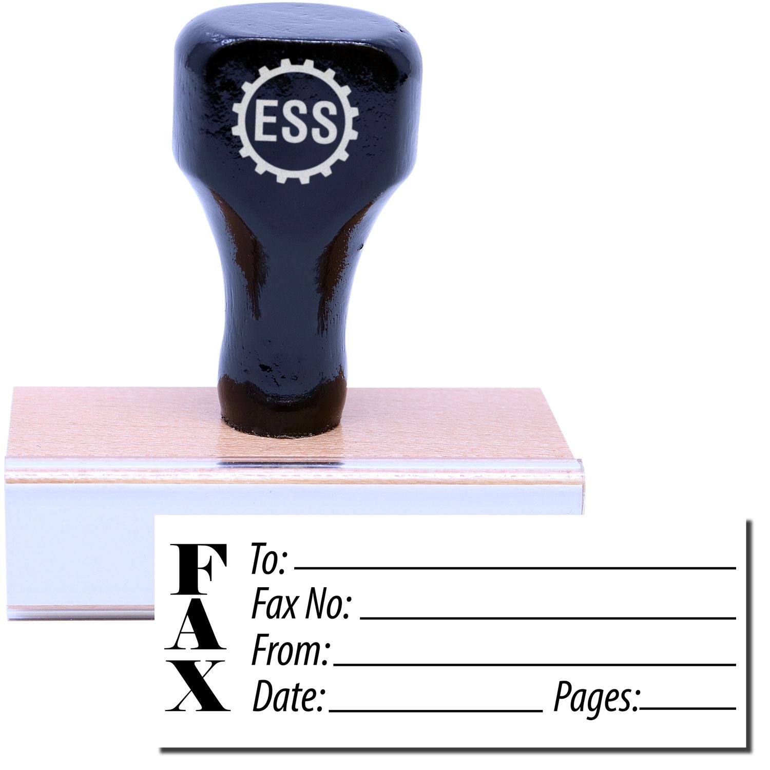 A stock office rubber stamp with a stamped image showing how the text FAX in bold font with fields for filling all the crucial details like recipient's name, fax number, sender's identity, date of faxing, and total number of pages is displayed after stamping.