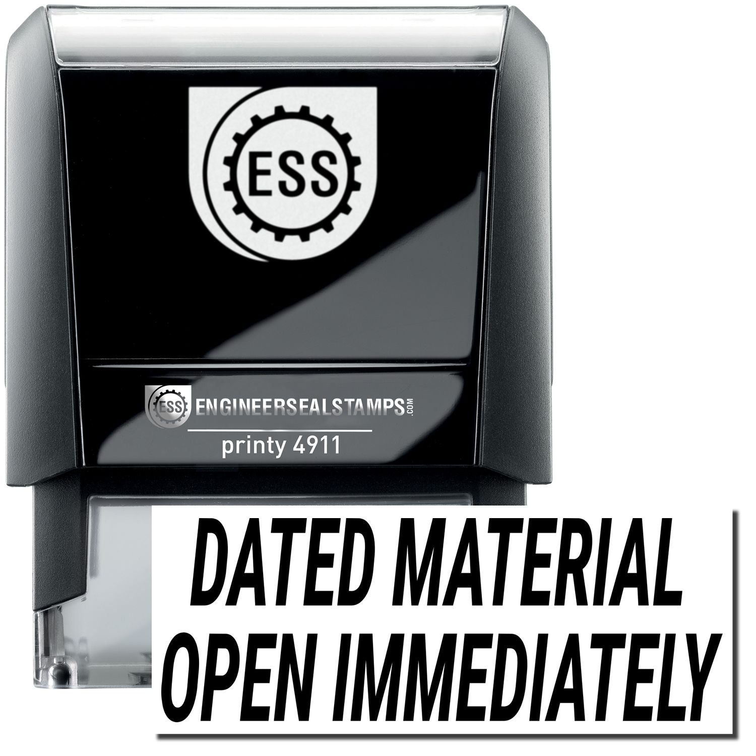 A self-inking stamp with a stamped image showing how the word DATED MATERIAL OPEN IMMEDIATELY in bold font is displayed after stamping.