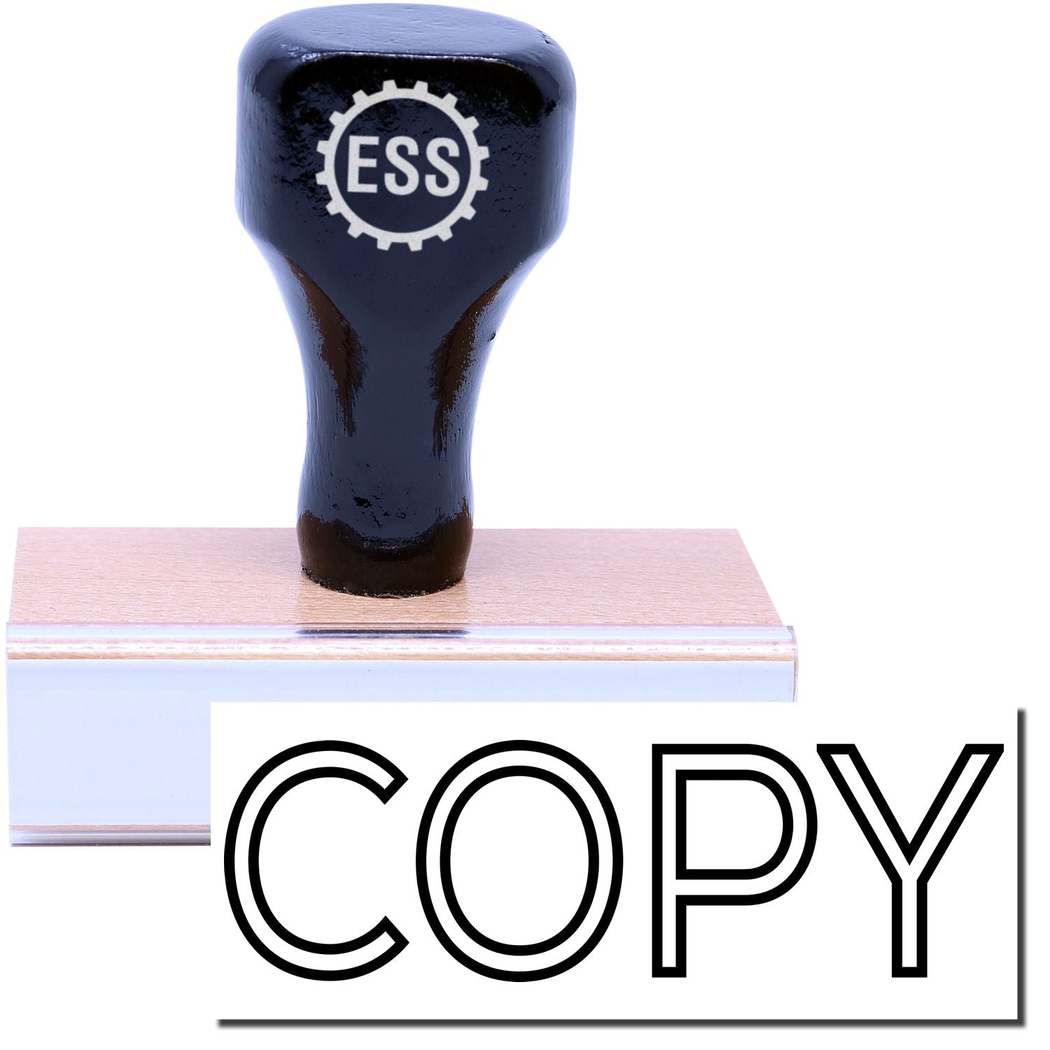 A stock office rubber stamp with a stamped image showing how the text "COPY" in an outline font is displayed after stamping.