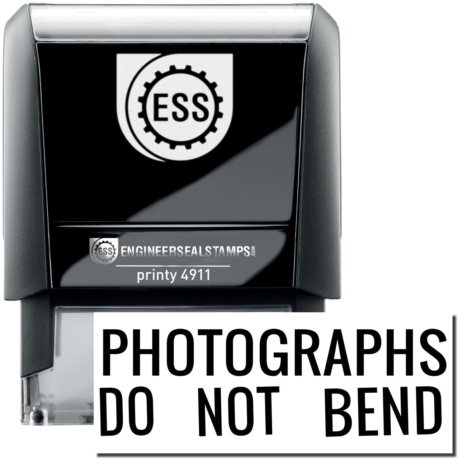 A self-inking stamp with a stamped image showing how the text "PHOTOGRAPHS DO NOT BEND" is displayed after stamping.