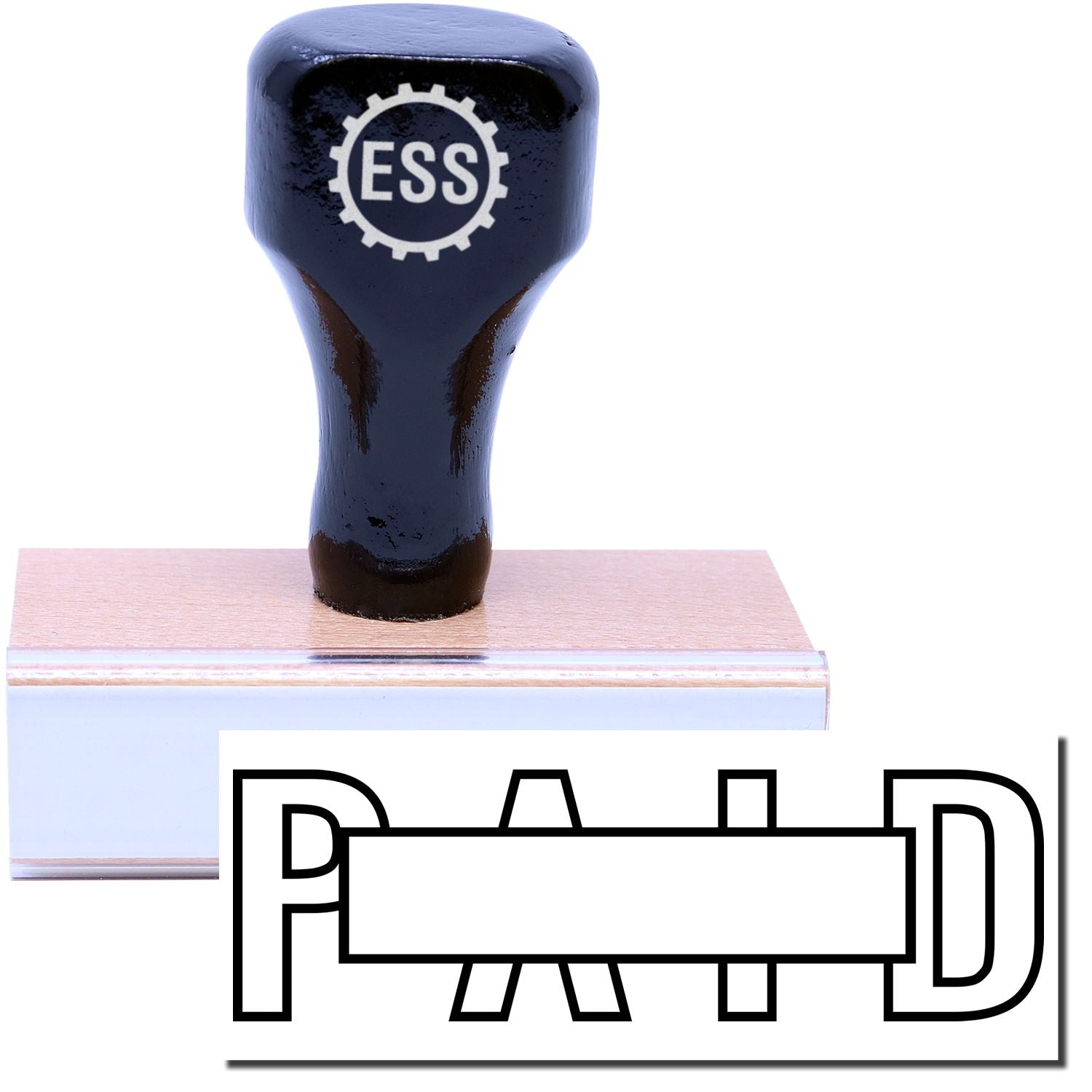 A stock office rubber stamp with a stamped image showing how the text PAID in an outline font with a box in the center of the text is displayed after stamping.