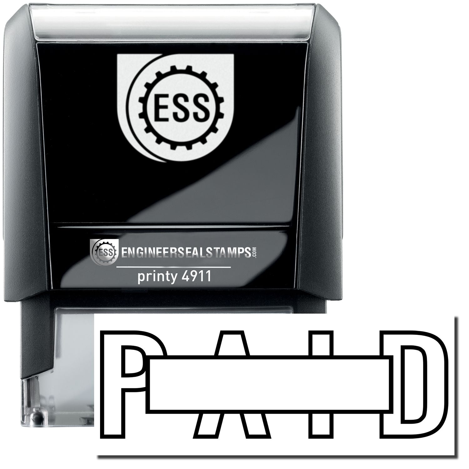 Self Inking Outline Paid with Box Stamp by ESS, black and gray, with PAID text and box outline imprint shown below the stamp.