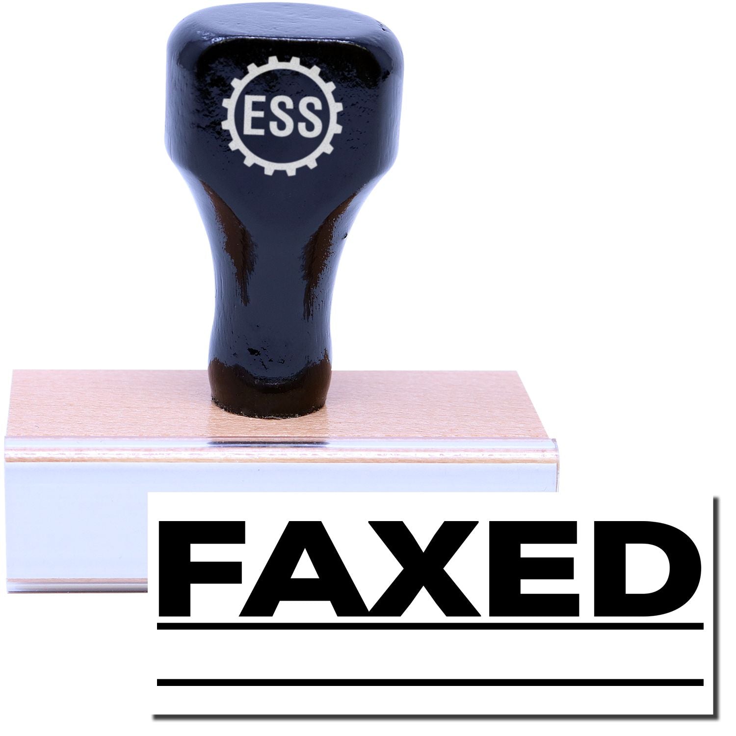 A stock office rubber stamp with a stamped image showing how the text FAXED in bold font with two lines below the text is displayed after stamping.