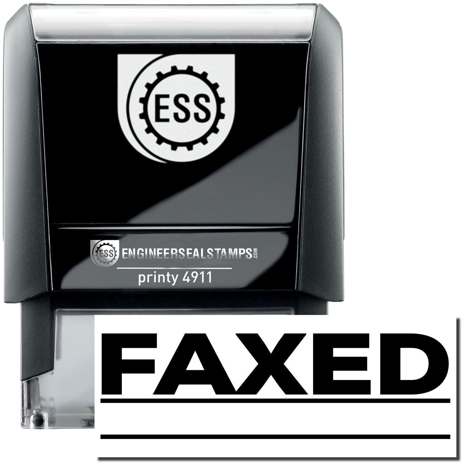 A self-inking stamp with a stamped image showing how the text FAXED with two lines below the text is displayed after stamping.