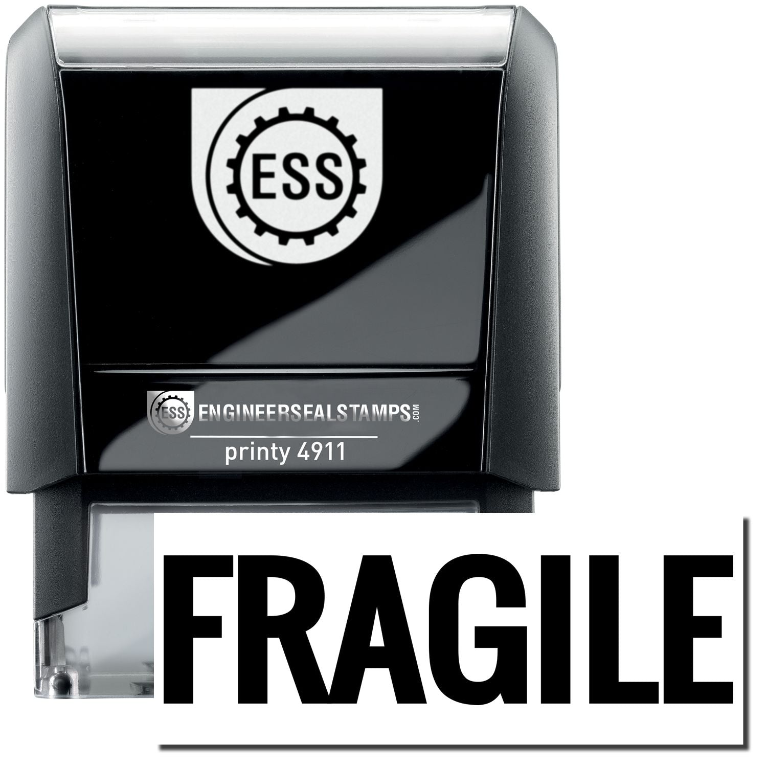 A self-inking stamp with a stamped image showing how the text FRAGILE in bold font is displayed after stamping.