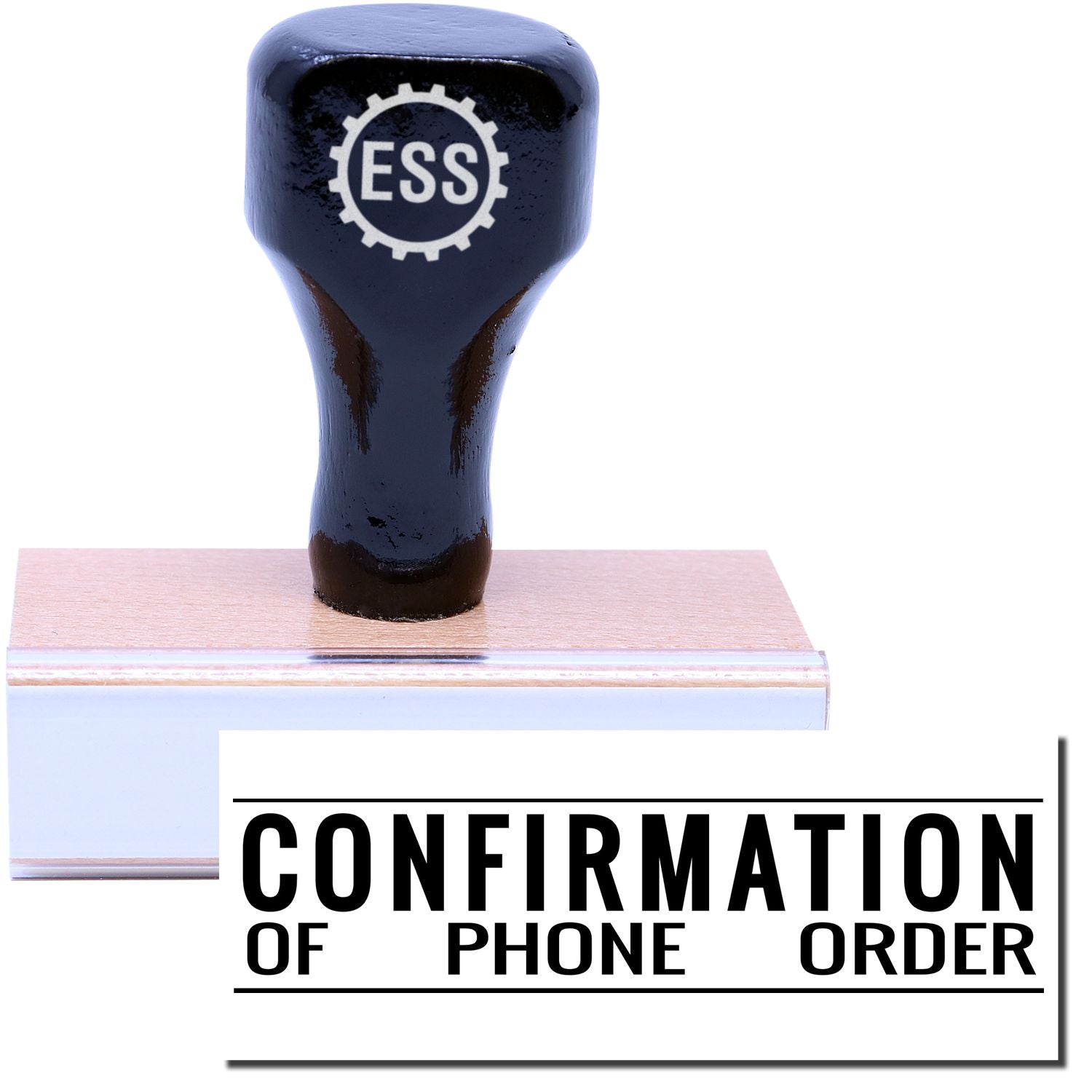 A stock office rubber stamp with a stamped image showing how the text CONFIRMATION OF PHONE ORDER is displayed after stamping.