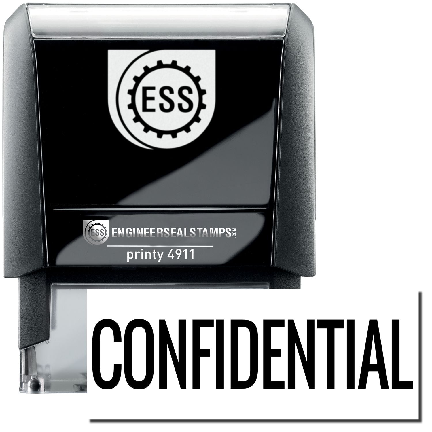 Self Inking Narrow Confidential Stamp with ESS logo, black casing, and CONFIDENTIAL text in bold. Ideal for securing sensitive documents.