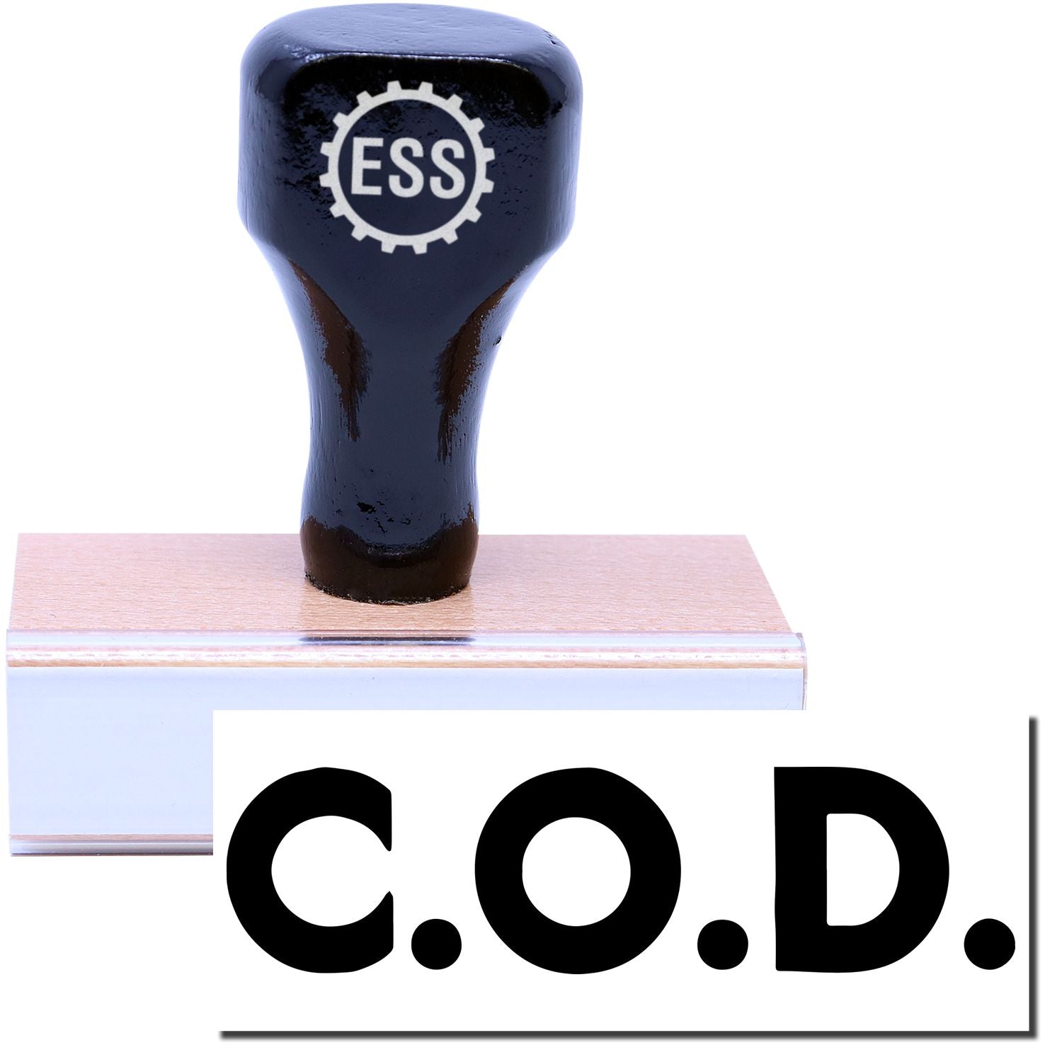 A stock office rubber stamp with a stamped image showing how the text C.O.D. in bold font is displayed after stamping.