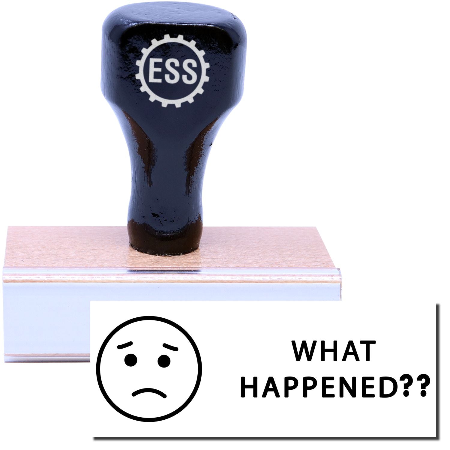 A stock office rubber stamp with a stamped image showing how the text WHAT HAPPENED?? in bold font with a sad face image on the left side is displayed after stamping.