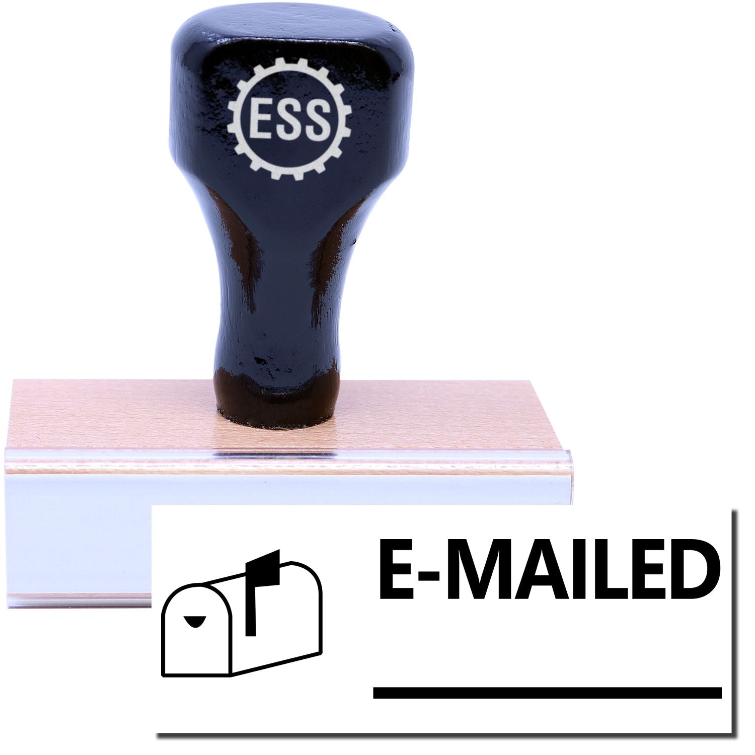 A stock office rubber stamp with a stamped image showing how the text E-MAILED with a line under the text and a small image of a mailbox showing the flag up on the left side is displayed after stamping.