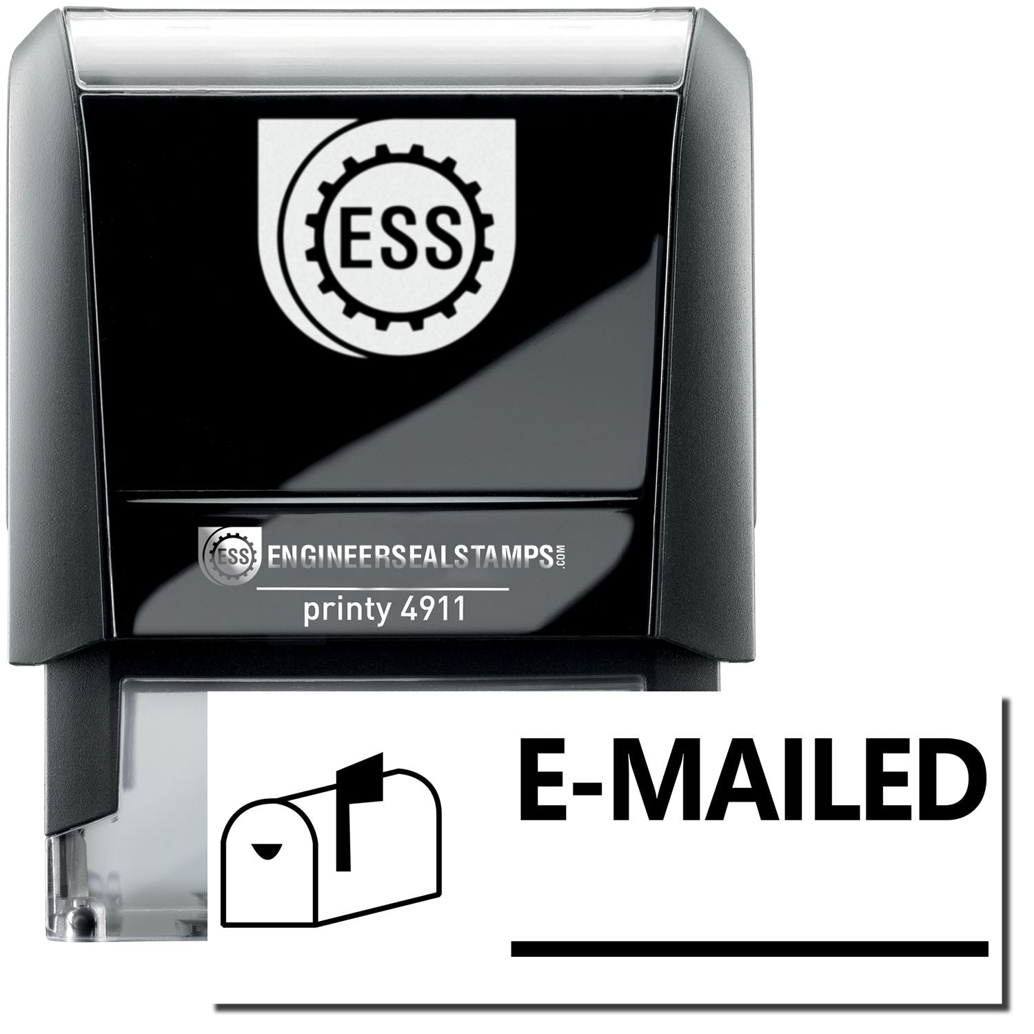 A self-inking stamp with a stamped image showing how the text E-MAILED (with an image of a mailbox with the flag up and includes a line under the text) is displayed after stamping.