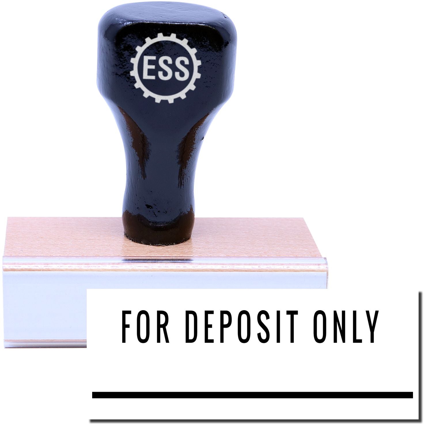 A stock office rubber stamp with a stamped image showing how the text "FOR DEPOSIT ONLY" with a line under the text is displayed after stamping.
